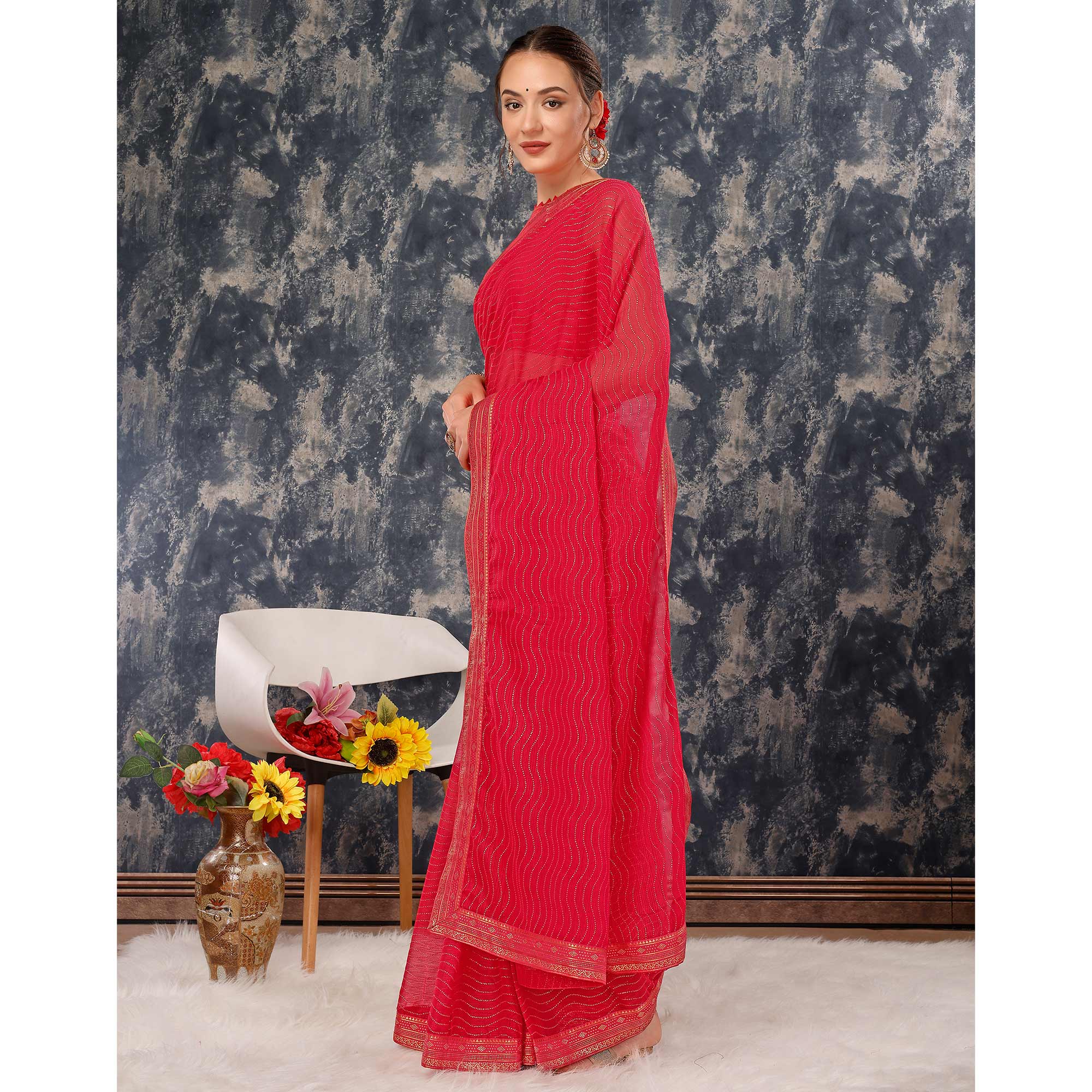 Pink Zari Embroidery Chiffon Saree With Lace Border