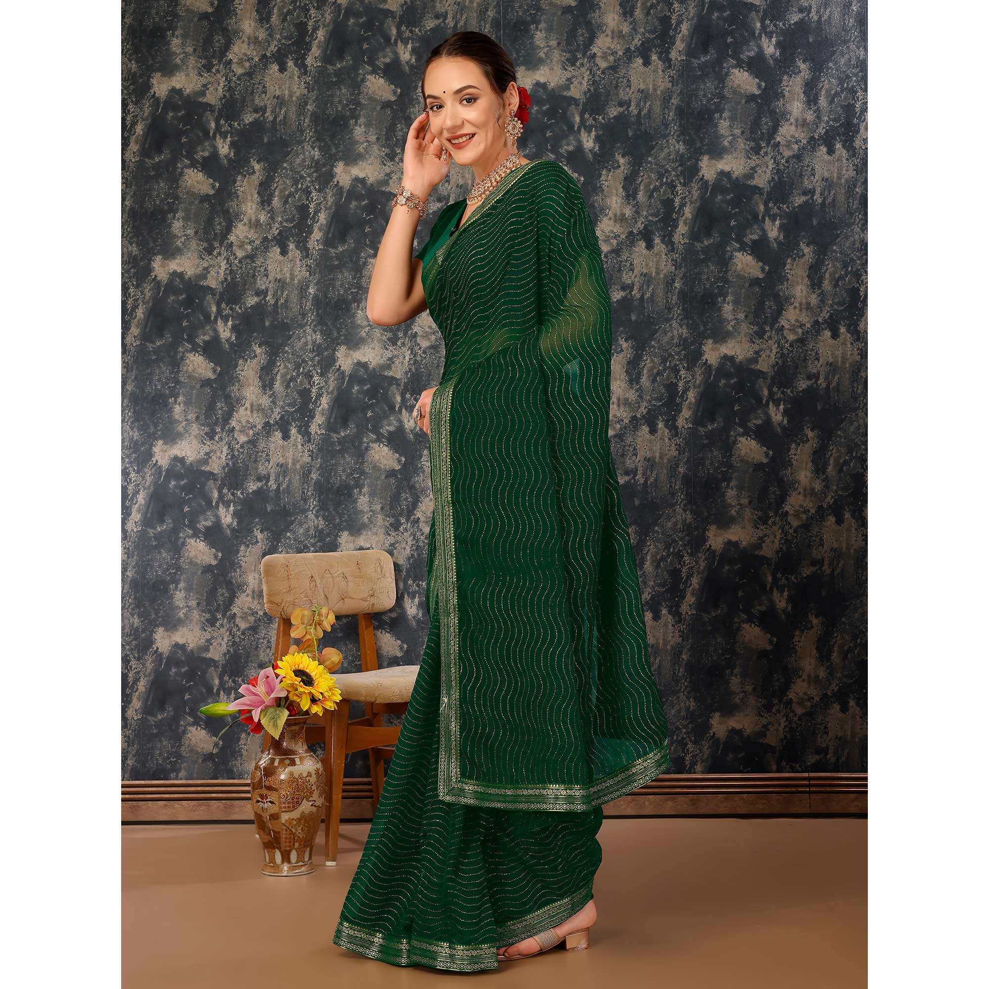 Green Zari Embroidery Chiffon Saree With Lace Border