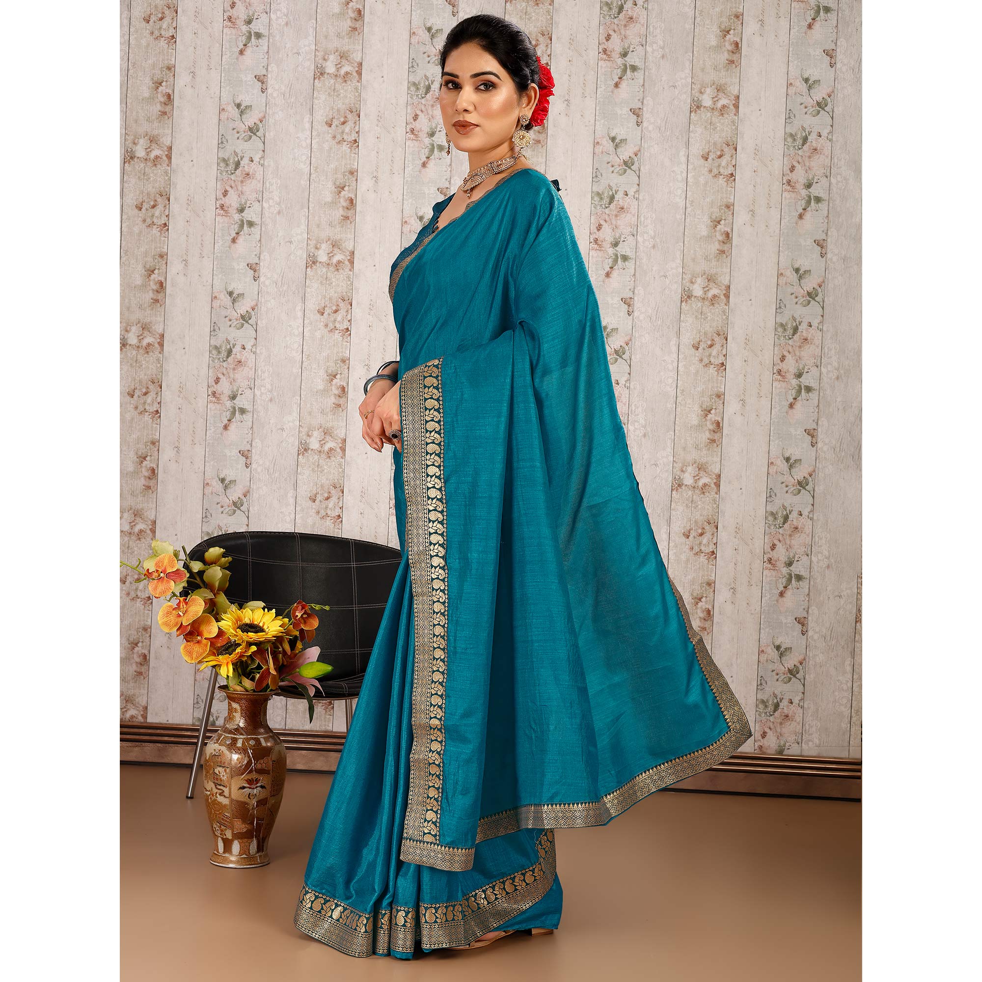 Teal Blue Solid Saree Vichitra Silk With Zari Lace Border