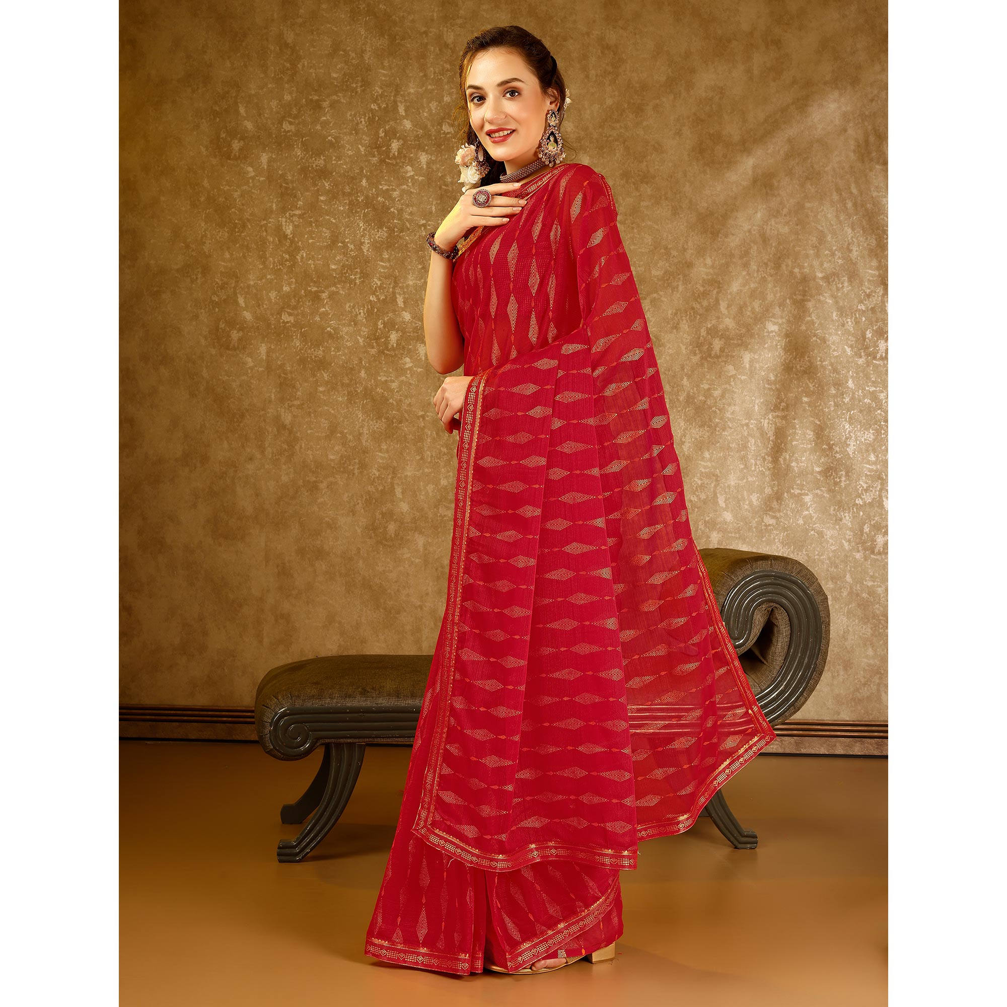 Red Foil Printed Chiffon Saree With Lace Border