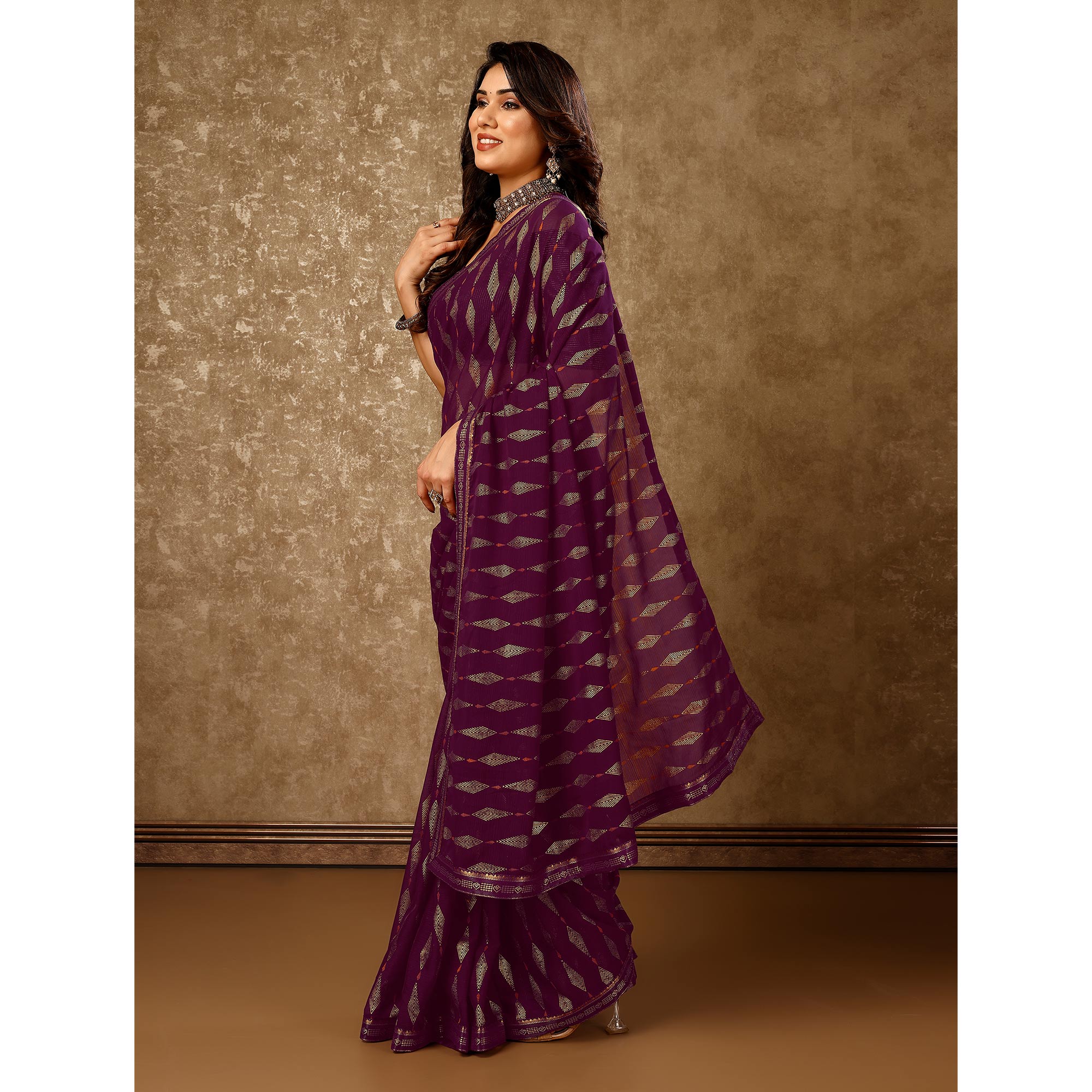 Purple Foil Printed Chiffon Saree With Lace Border