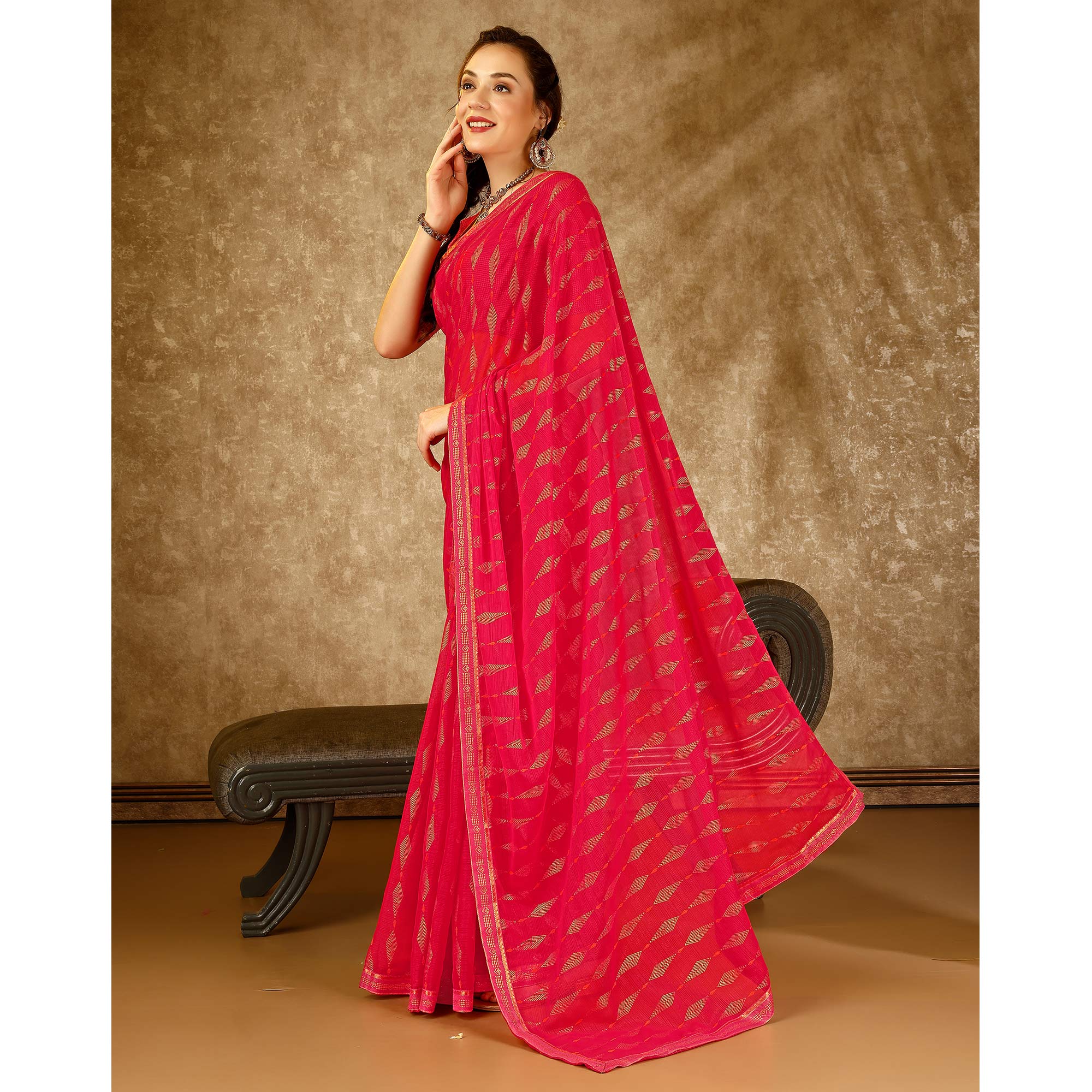 Pink Foil Printed Chiffon Saree With Lace Border