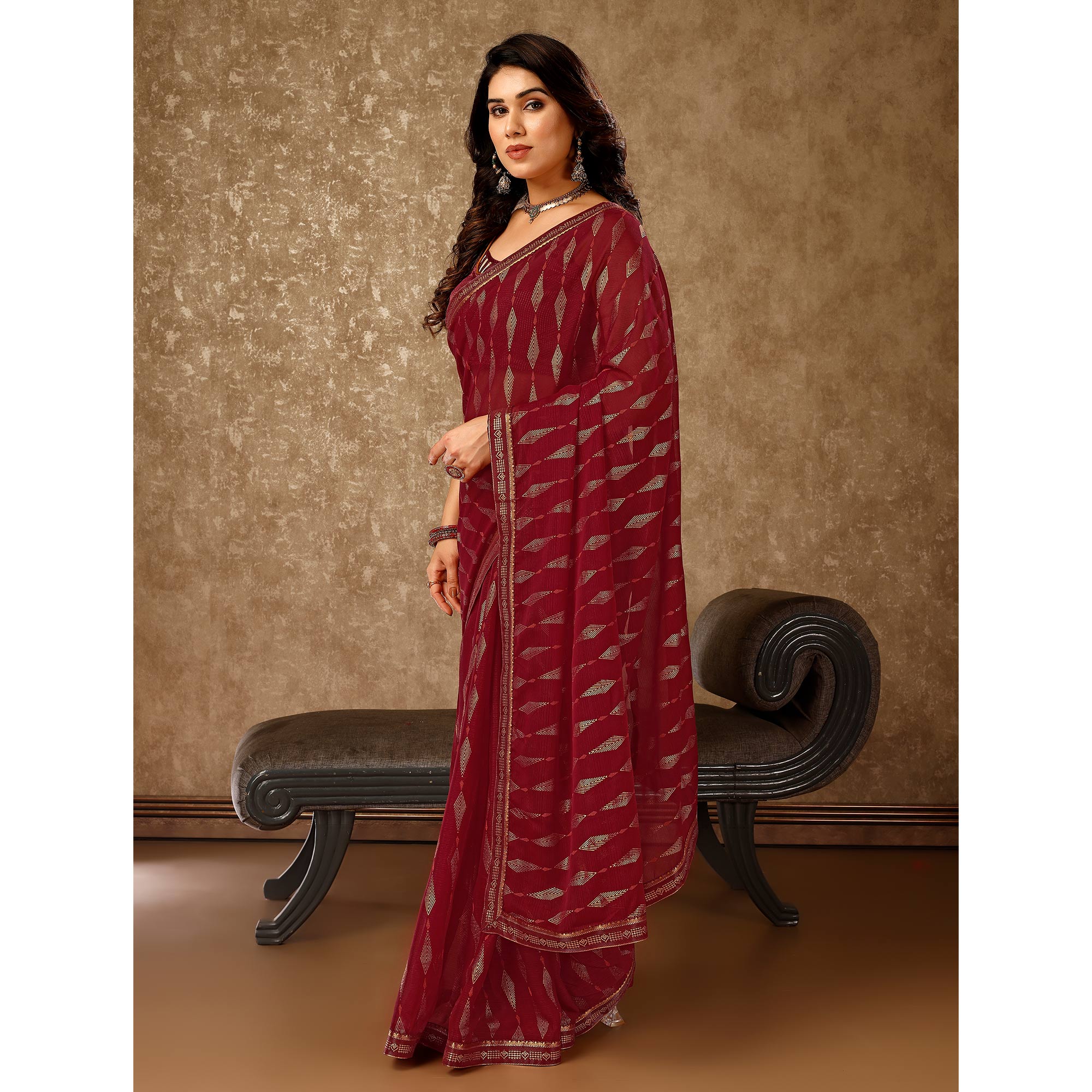 Maroon Foil Printed Chiffon Saree With Lace Border