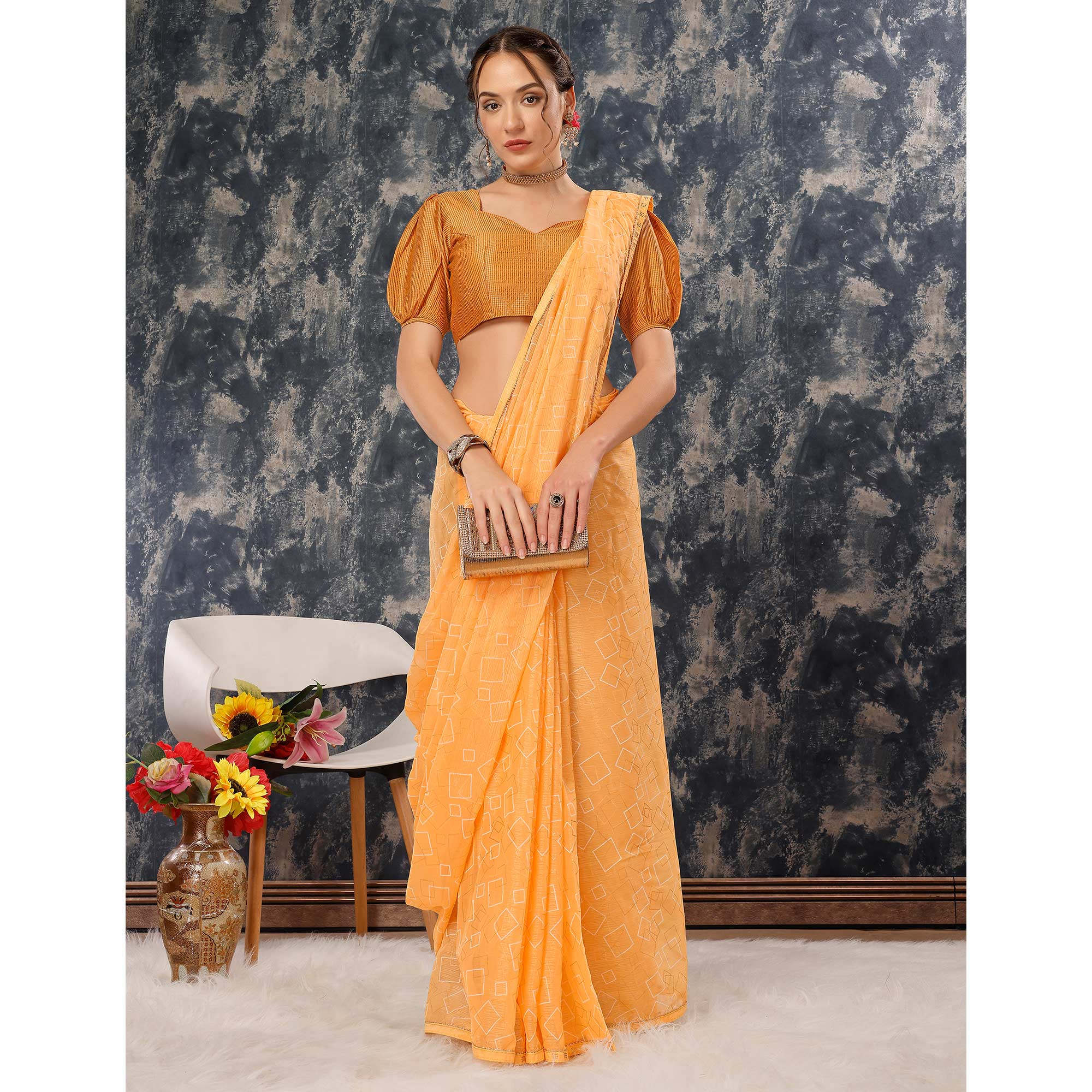 Yellow Printed With Zari Work Chiffon Saree With Lace Border