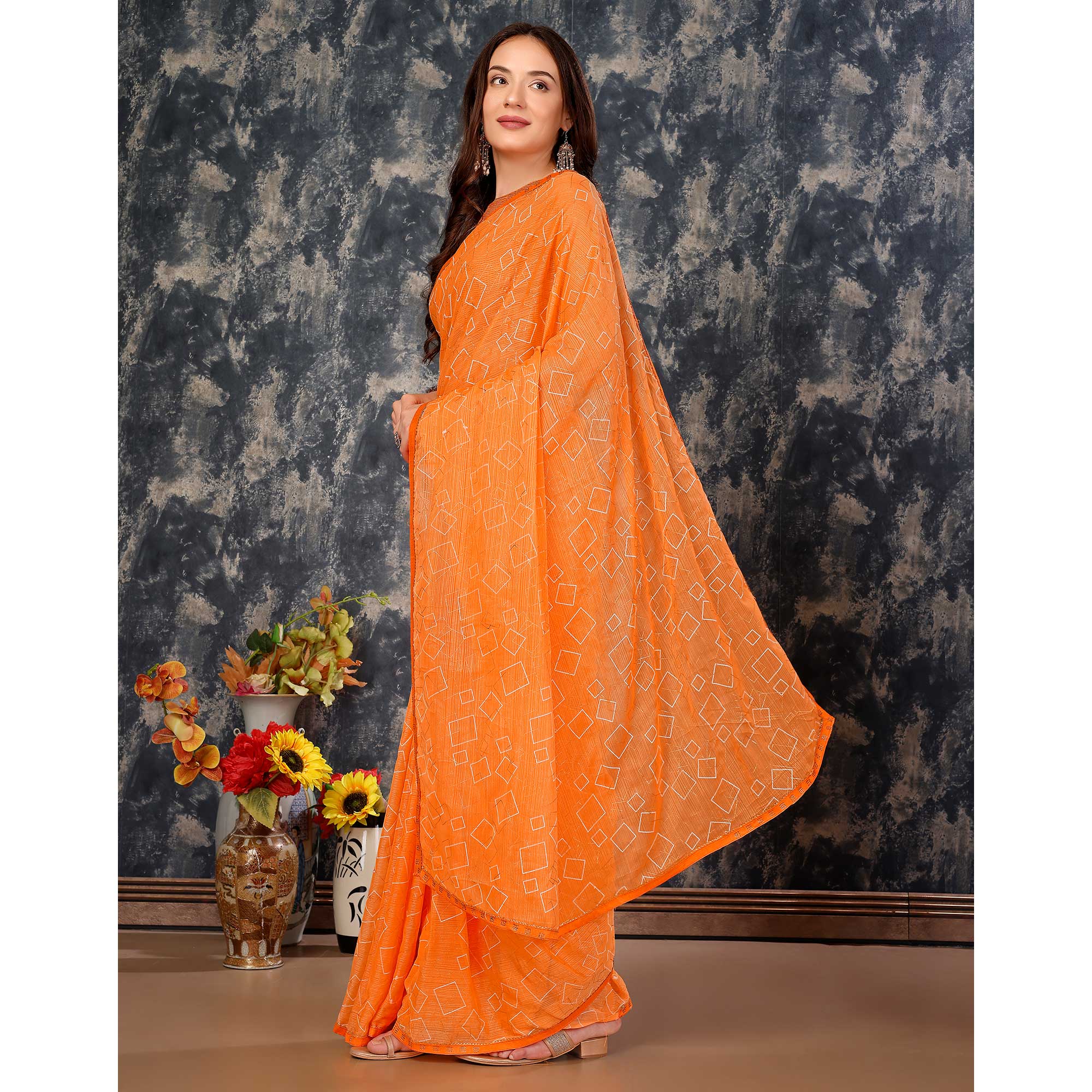 Orange Printed With Zari Work Chiffon Saree With Lace Border