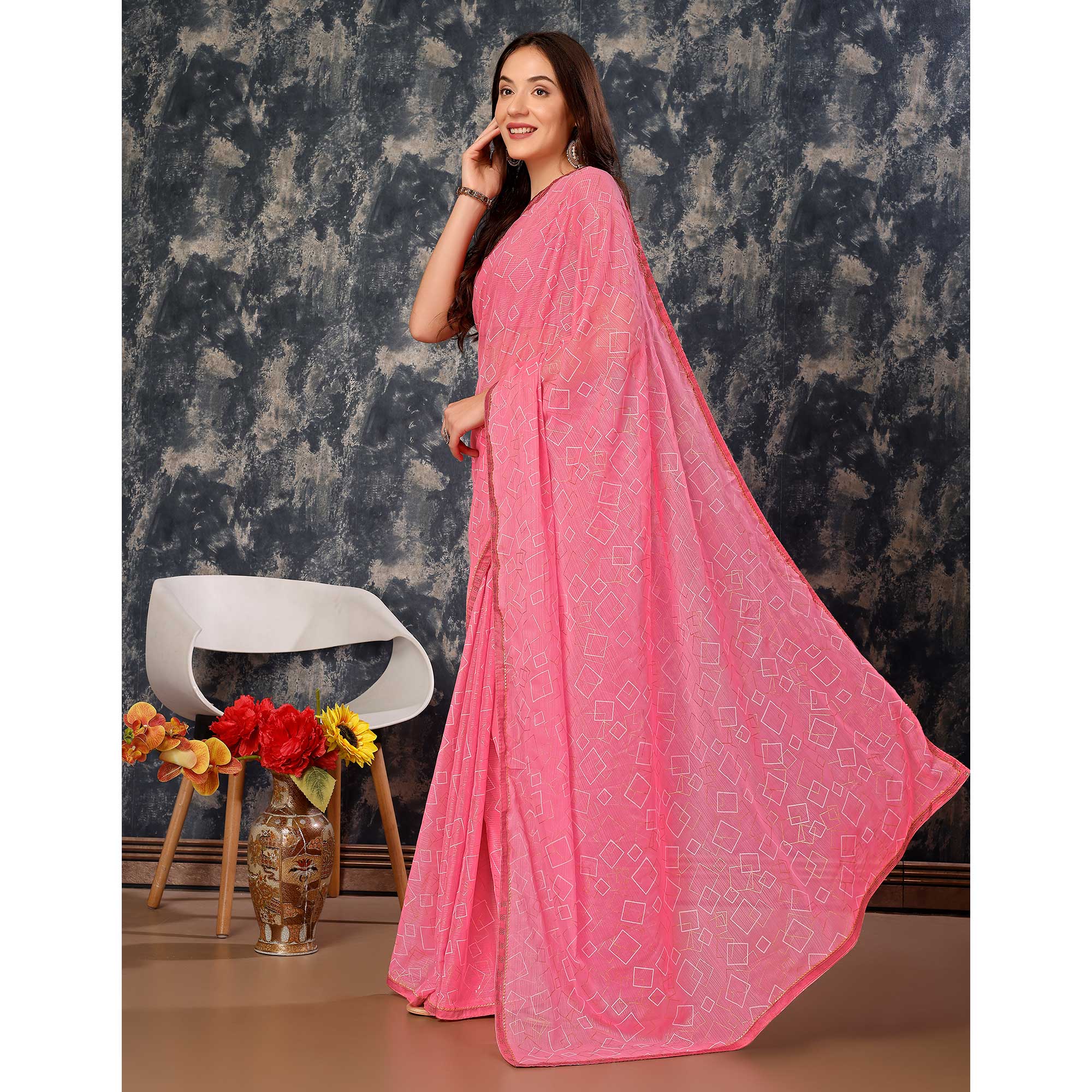 Pink Printed With Zari Work Chiffon Saree With Lace Border