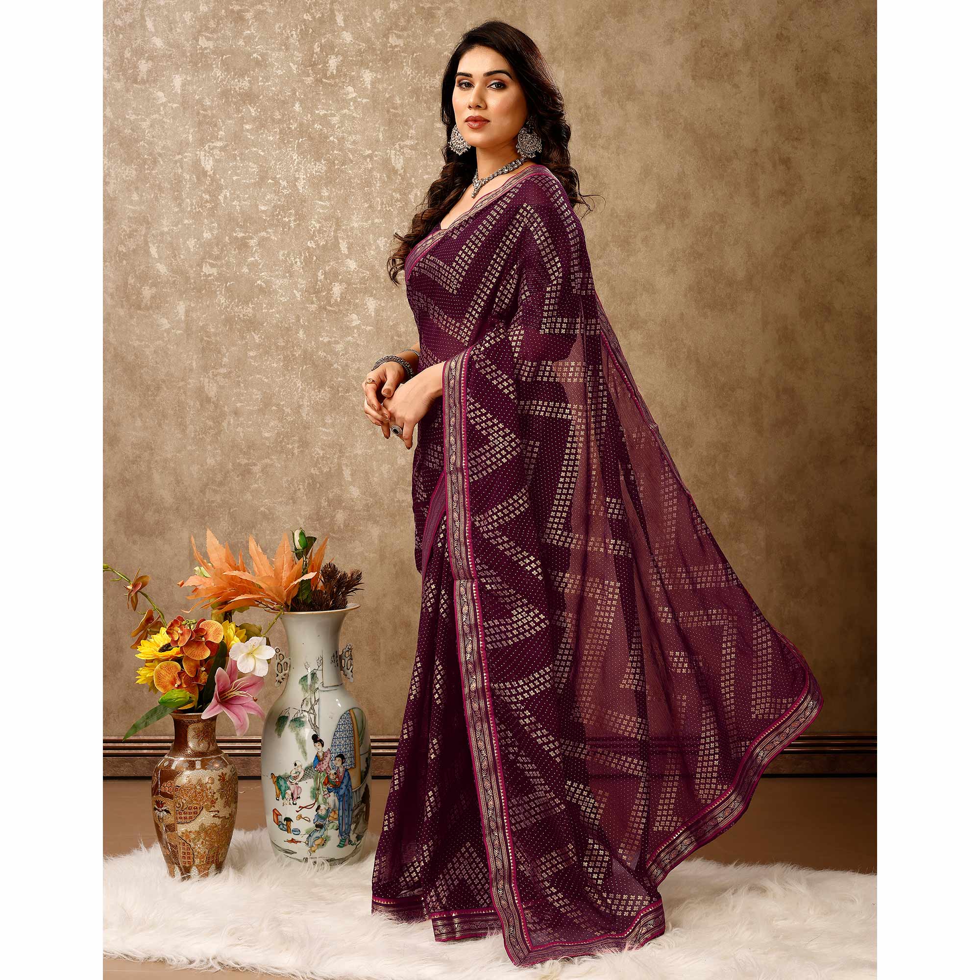 Purple Foil Printed Chiffon Saree With Lace Border