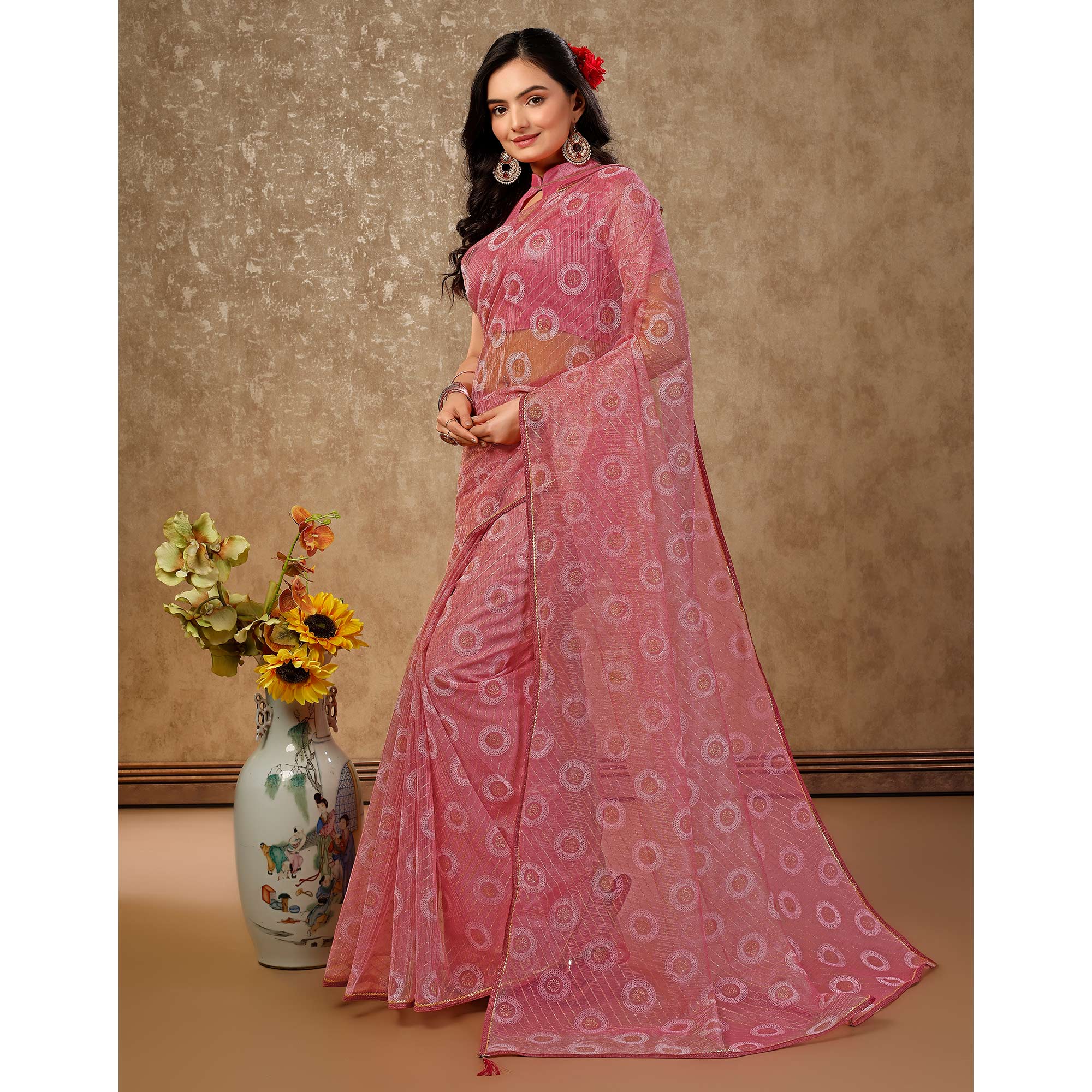 Pink Printed With Zari Work Cotton Silk Saree With Lace Border