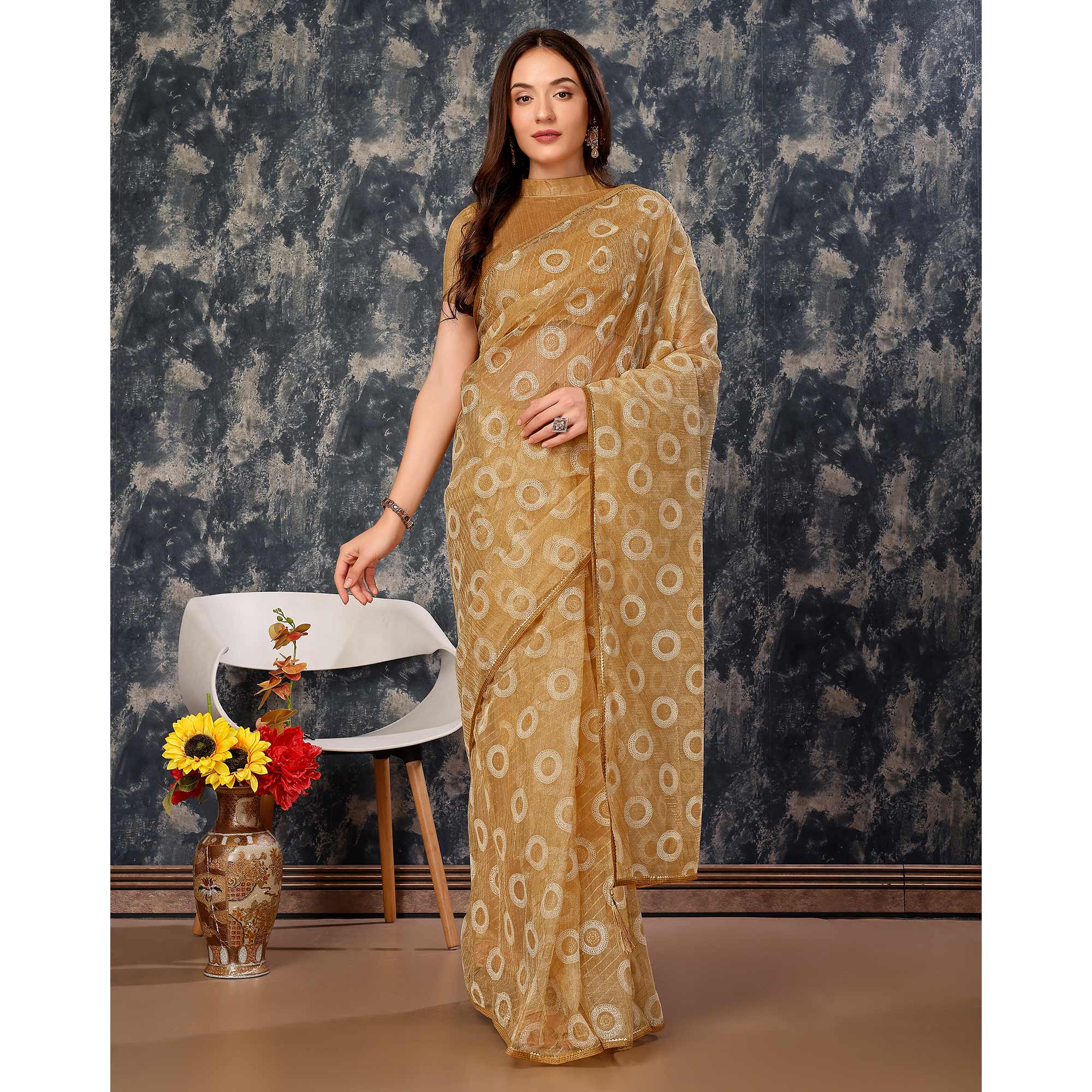 Chikoo Printed With Zari Work Cotton Silk Saree With Lace Border