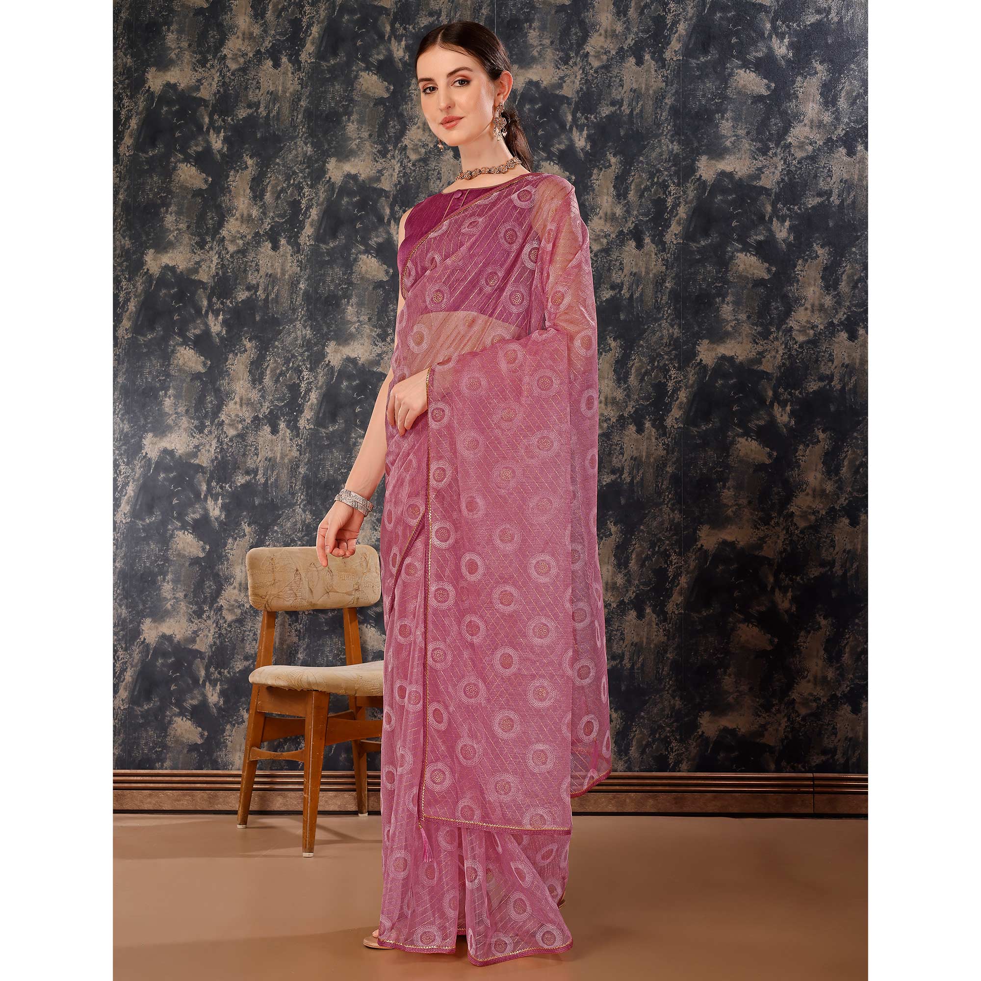 Purple Printed With Zari Work Cotton Silk Saree With Lace Border