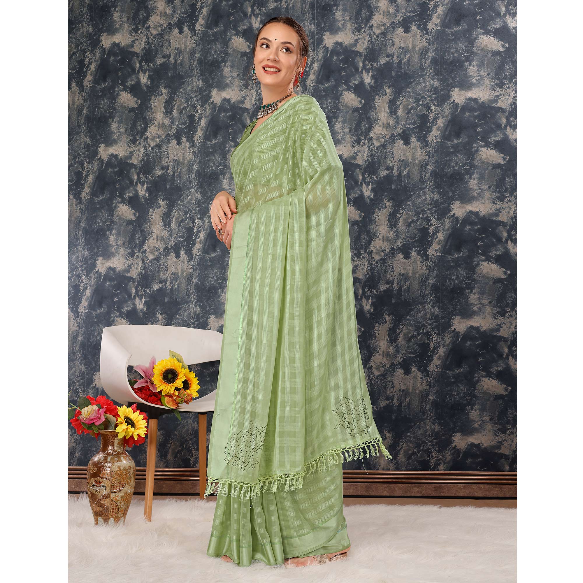 Green Swarovski Work Chiffon Saree With Tassels