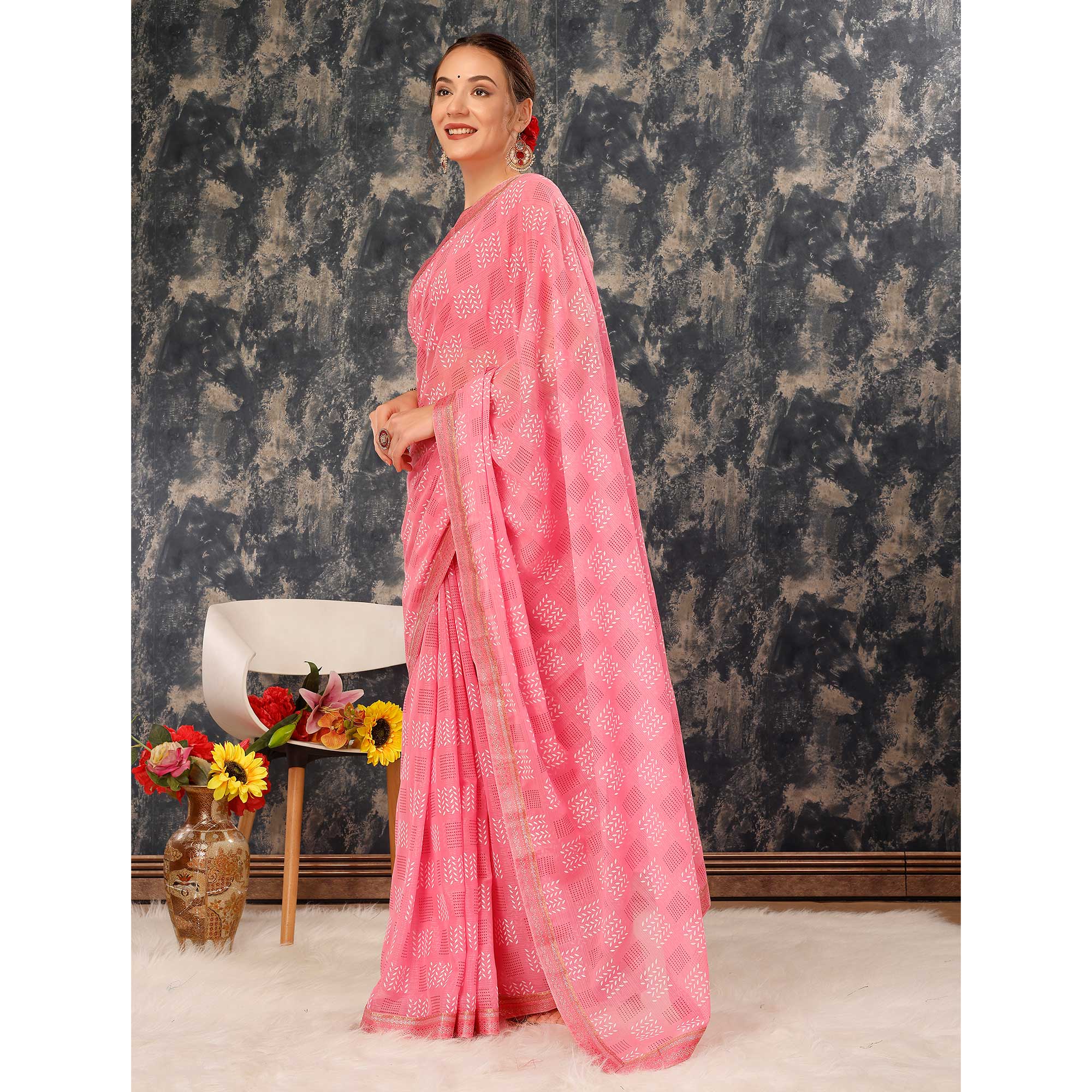 Pink Printed Chiffon Saree With Lace Border