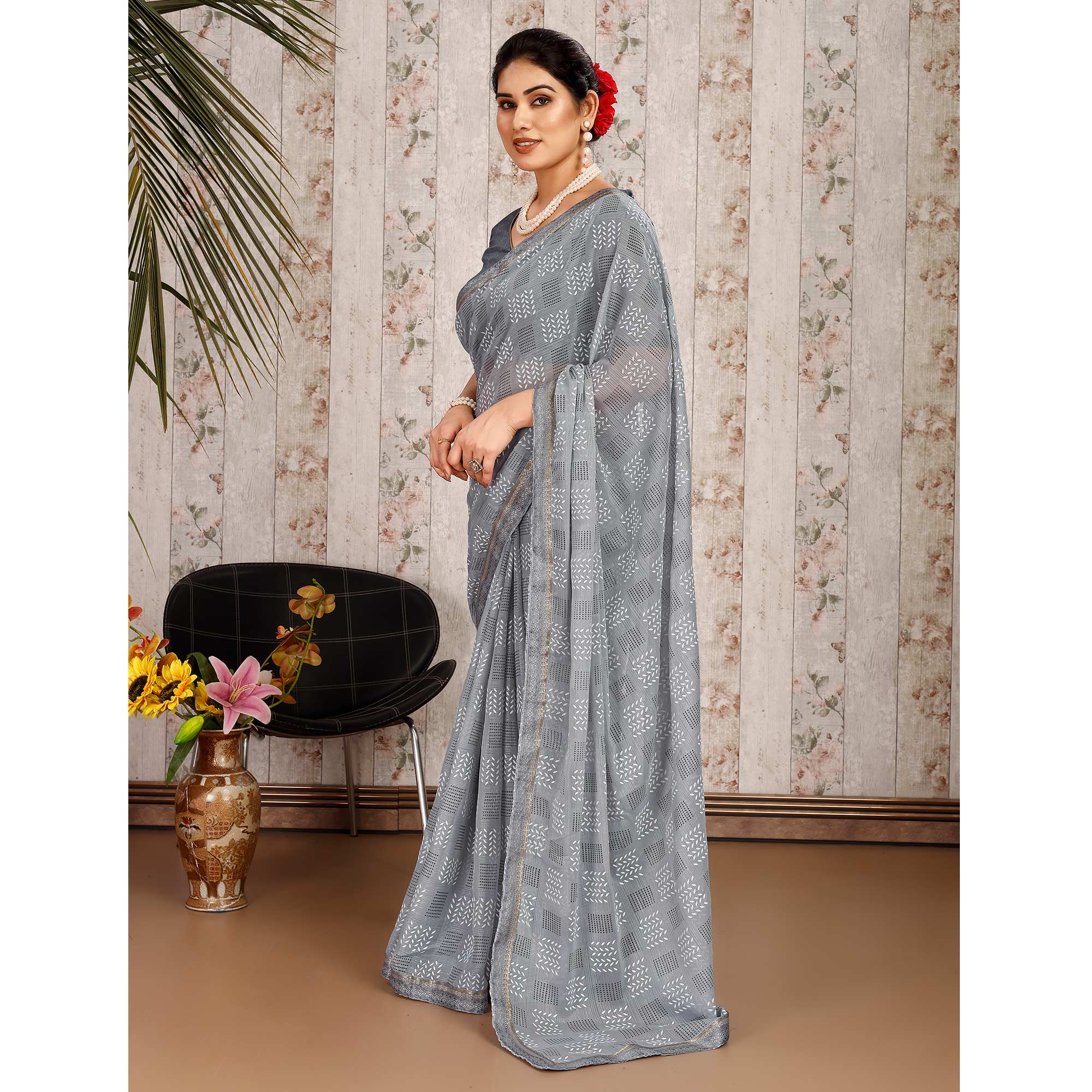 Grey Printed Chiffon Saree With Lace Border