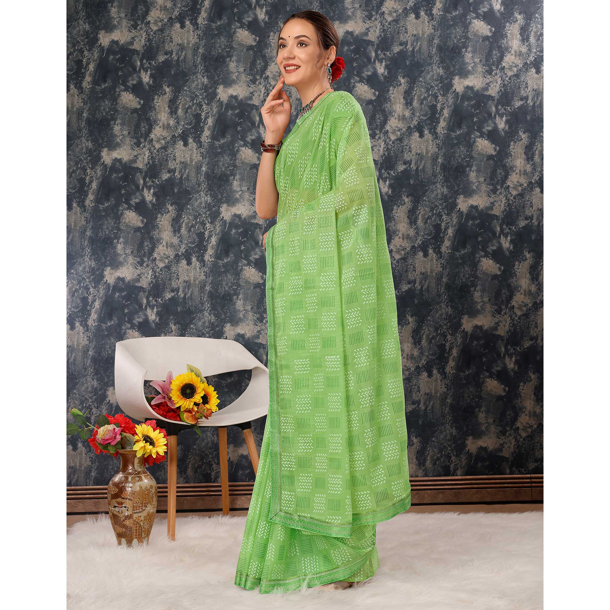 Green Printed Chiffon Saree With Lace Border