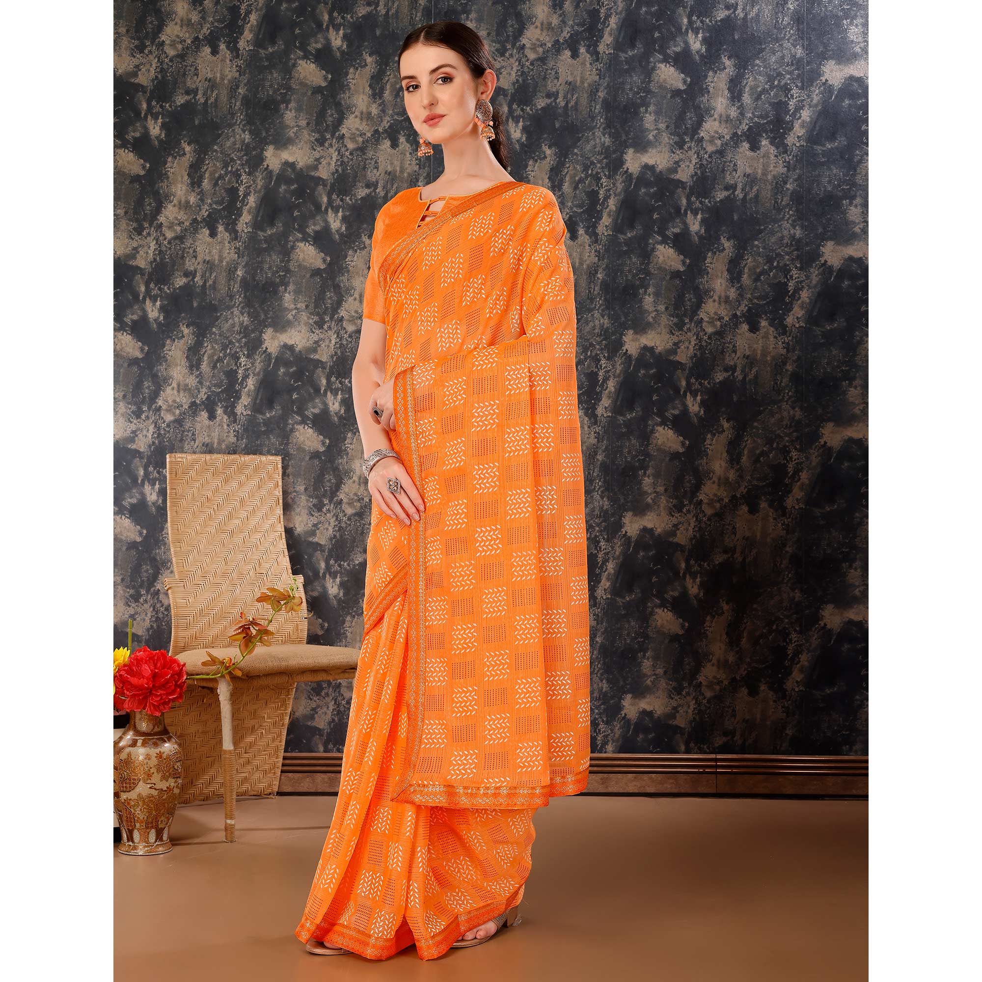 Orange Printed Chiffon Saree With Lace Border