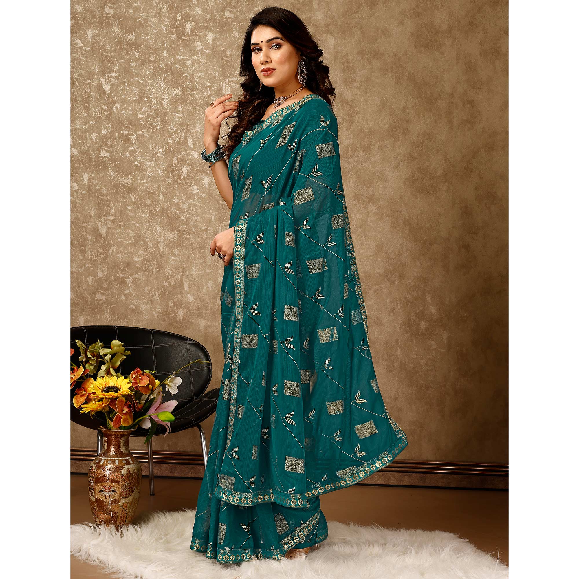 Teal Blue Floral Foil Printed Chiffon Saree With Lace Border