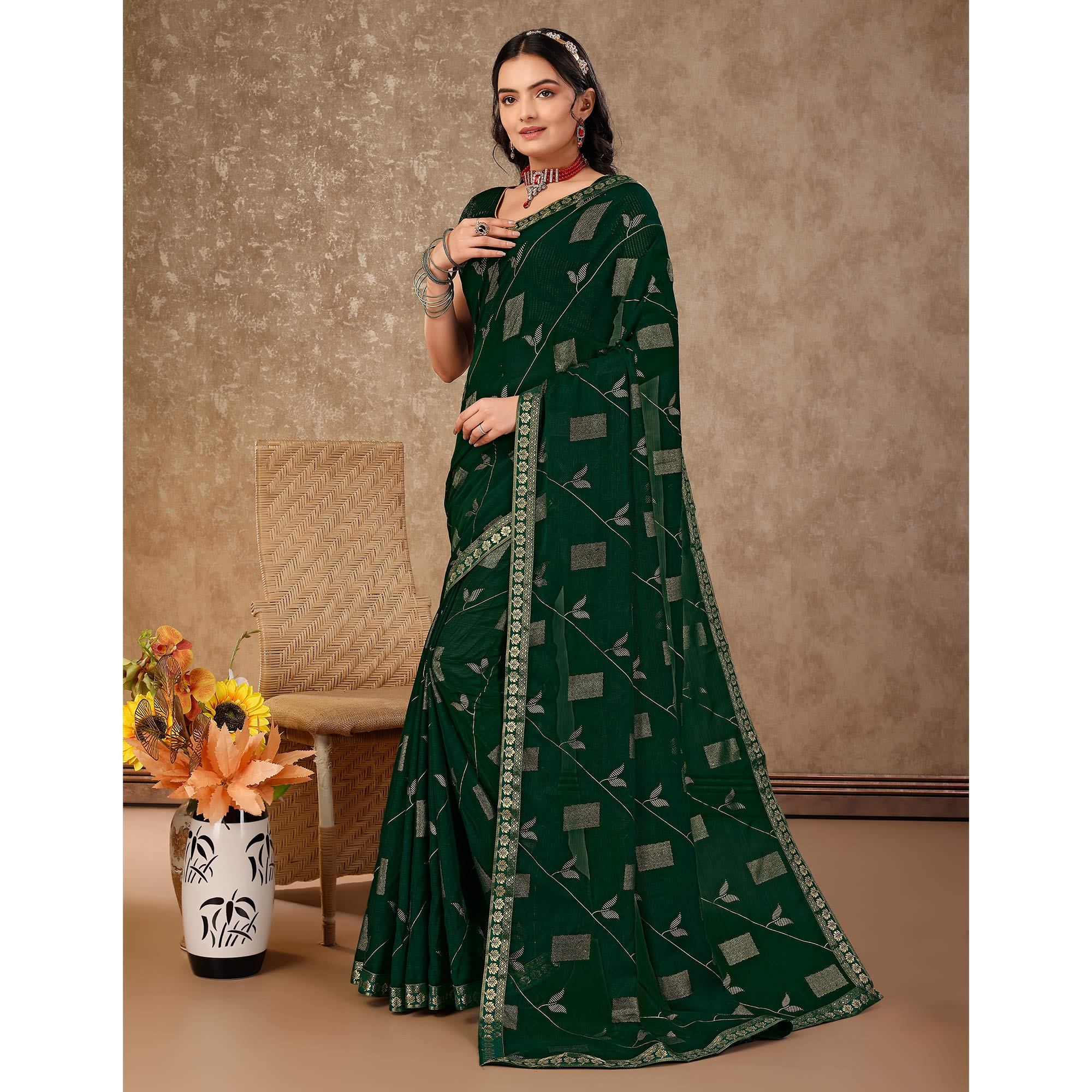 Green Floral Foil Printed Chiffon Saree With Lace Border