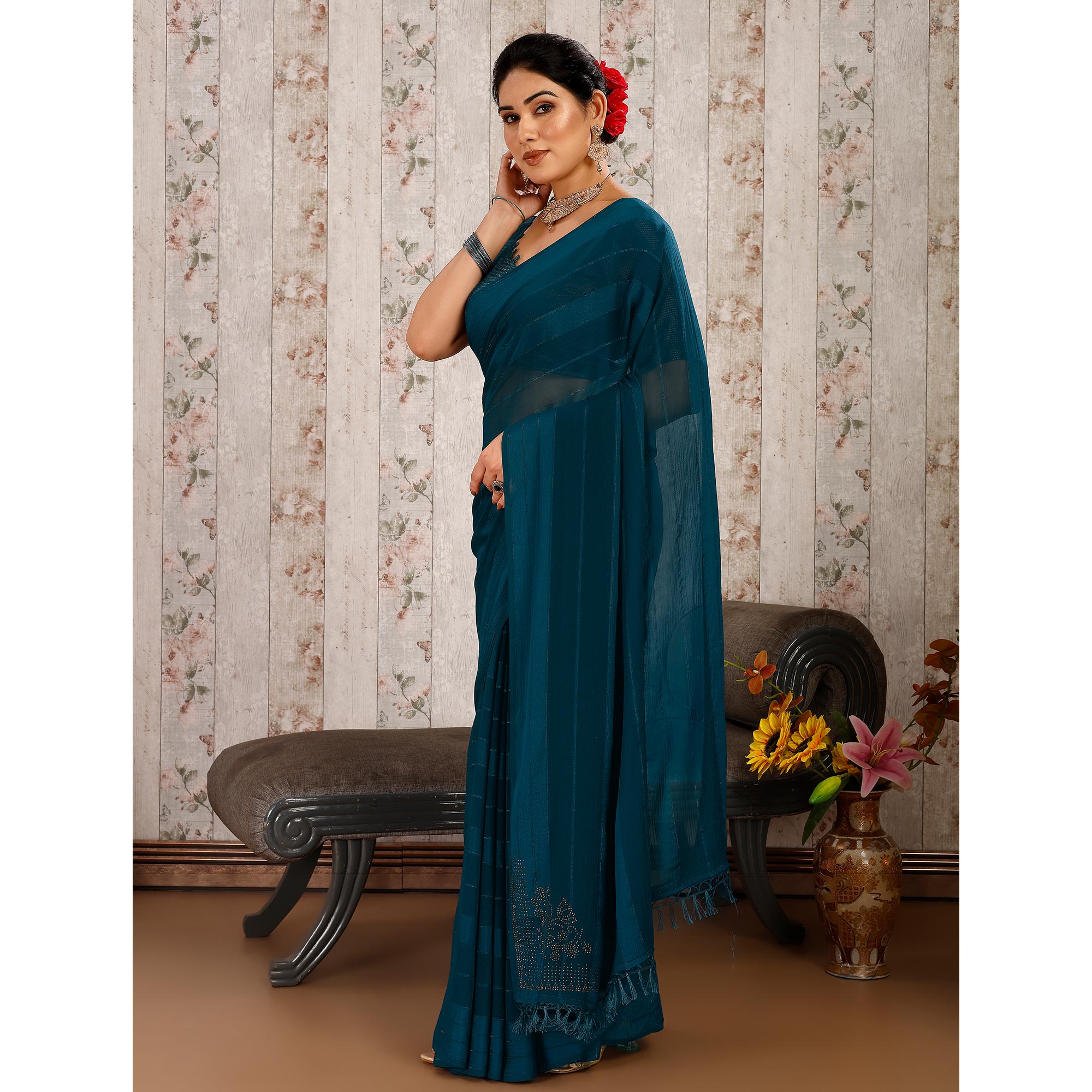 Morpich Swarovski Work Chiffon Saree With Tassels