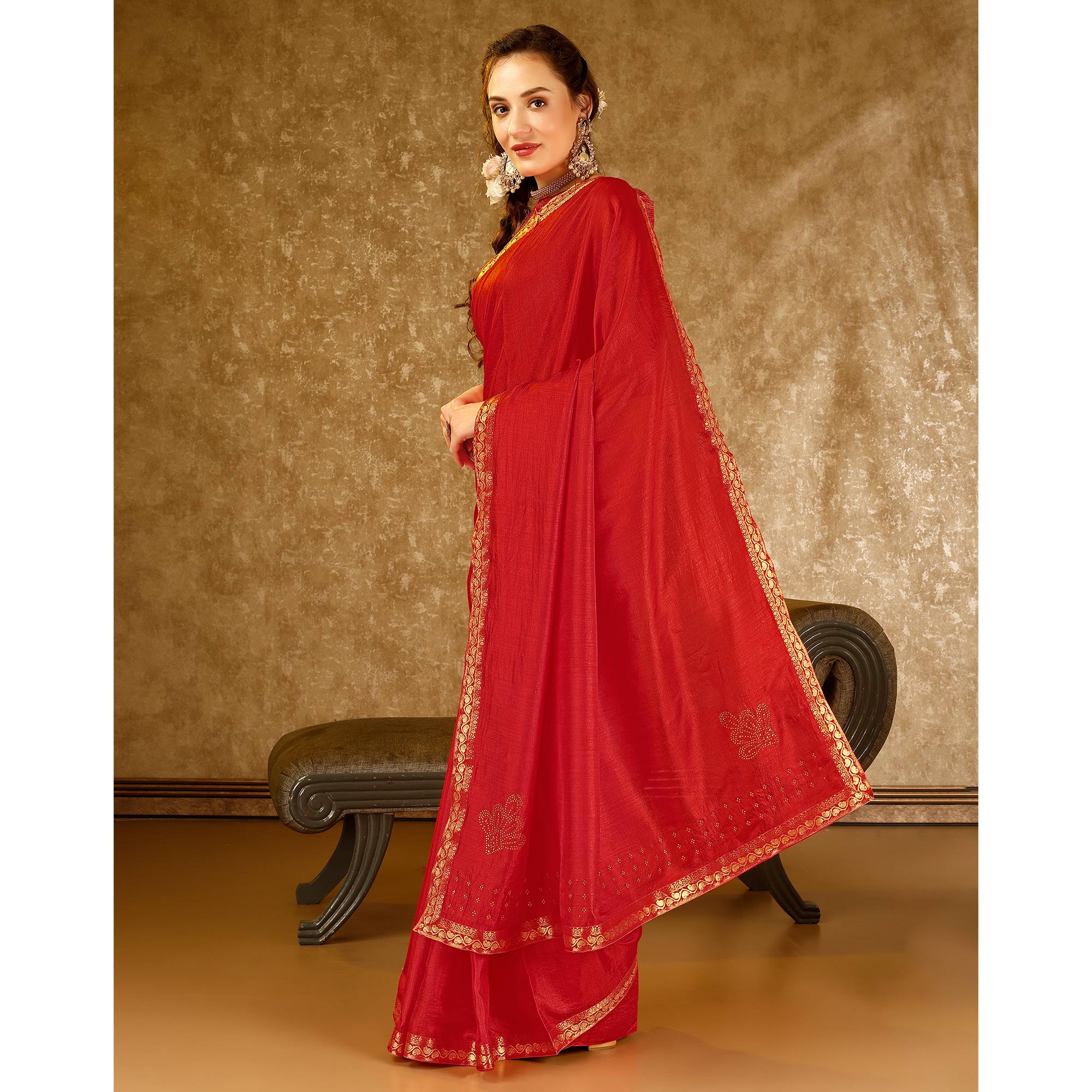 Red Swarovski Work Vichitra Silk Saree With Lace Border