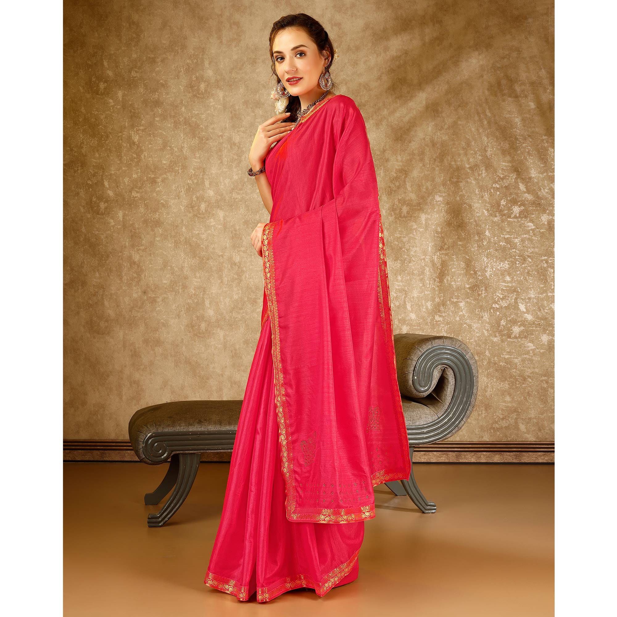 Pink Swarovski Work Vichitra Silk Saree With Lace Border