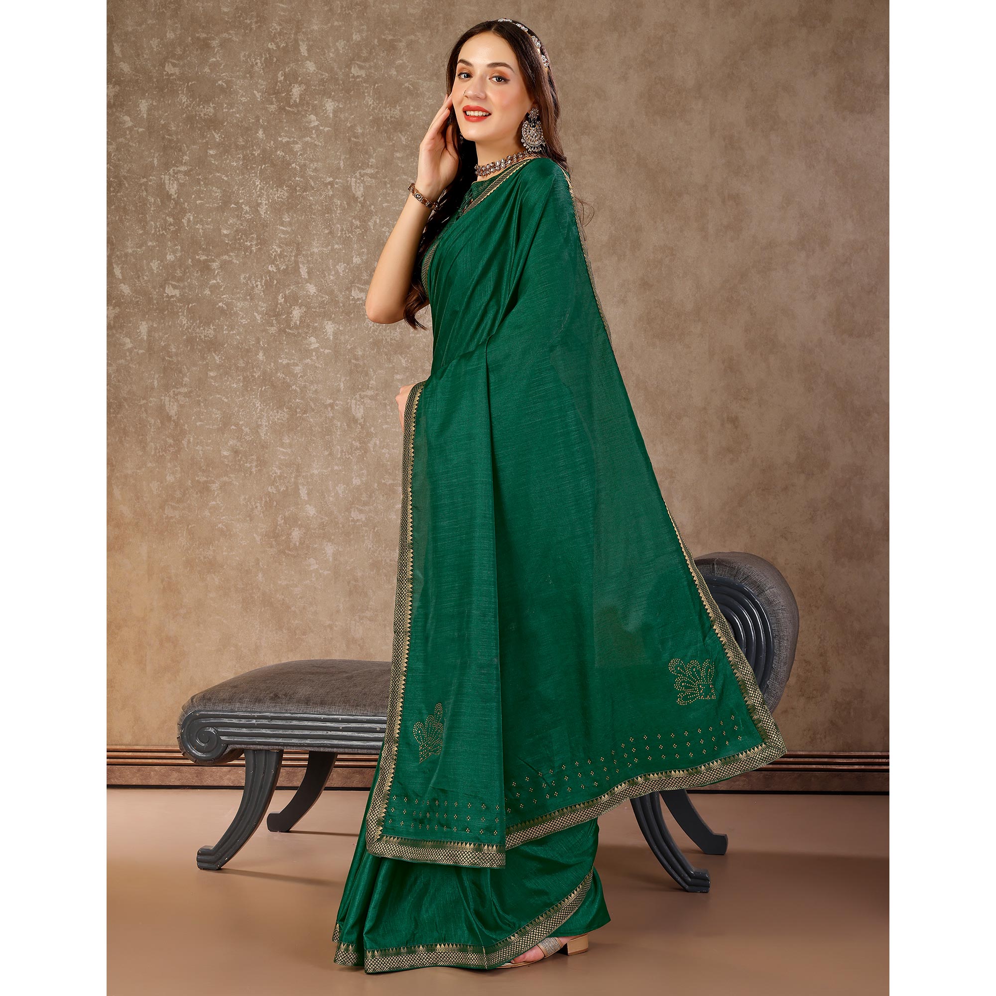 Green Swarovski Work Vichitra Silk Saree With Lace Border