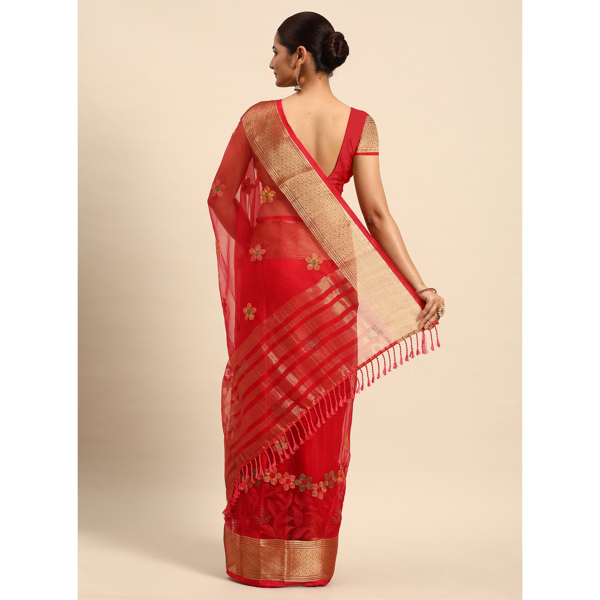 Pink Floral Embroidered Organza Saree