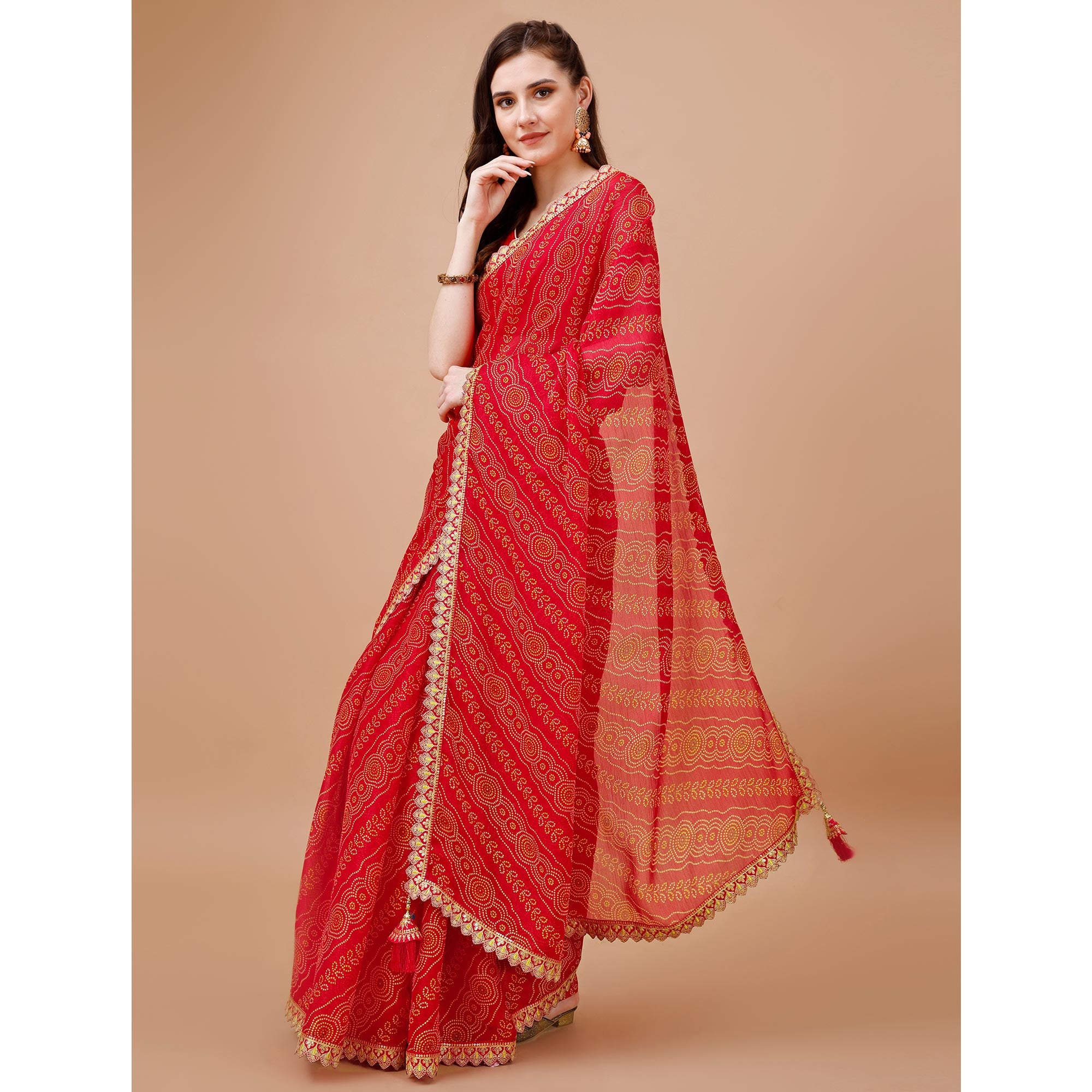 Red Bandhani Printed Chiffon Saree