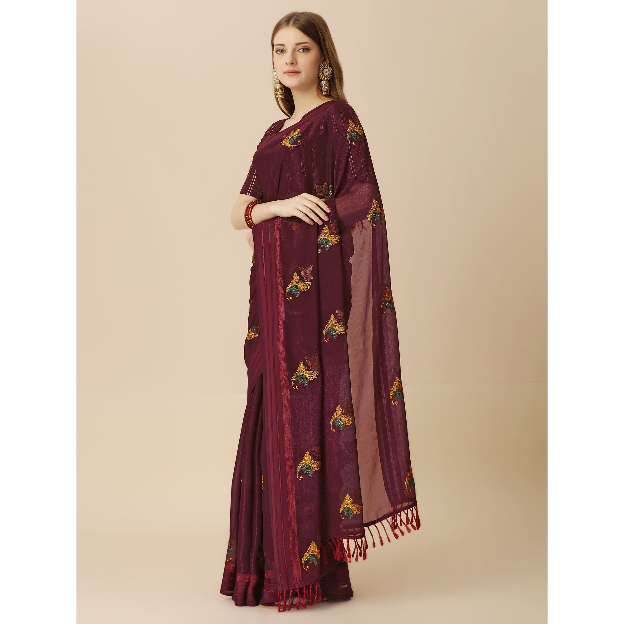 Maroon Floral Embroidered Chiffon Saree With With Tassels