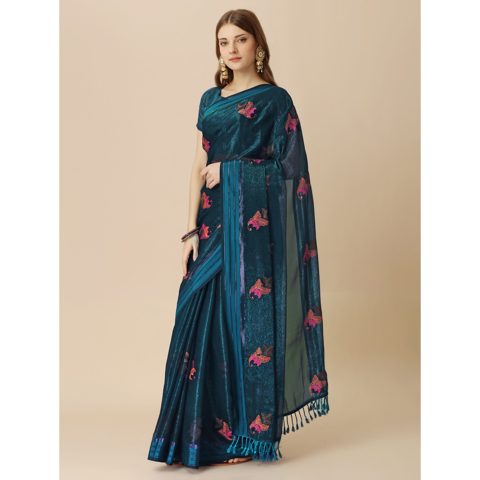 Dark Blue Floral Embroidered Chiffon Saree With With Tassels