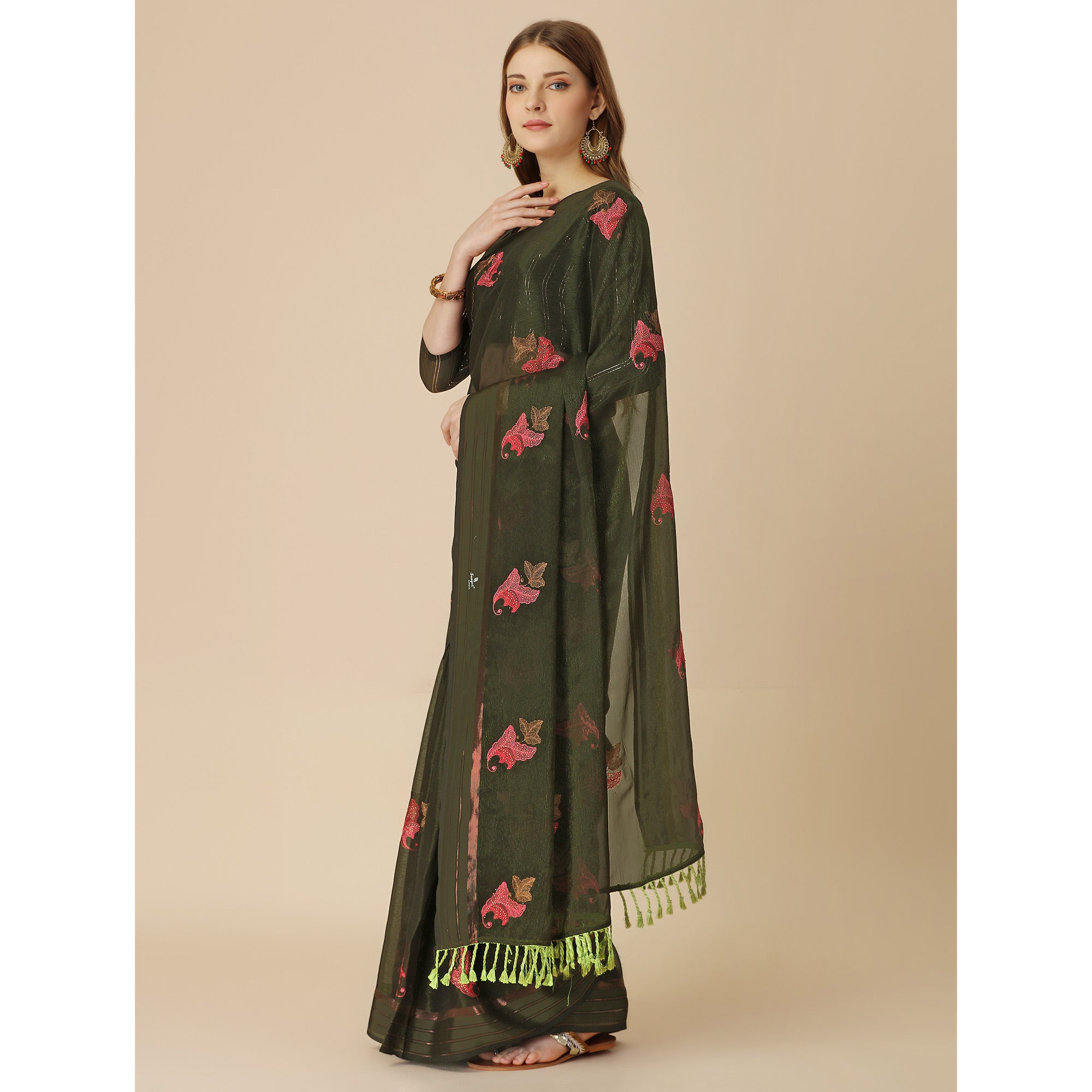 Dark Green Floral Embroidered Chiffon Saree With With Tassels