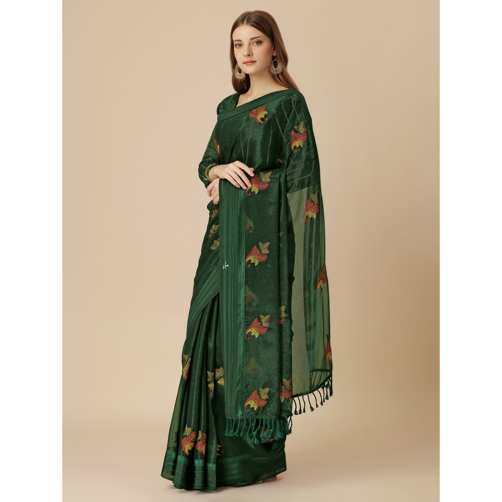 Green Floral Embroidered Chiffon Saree With With Tassels