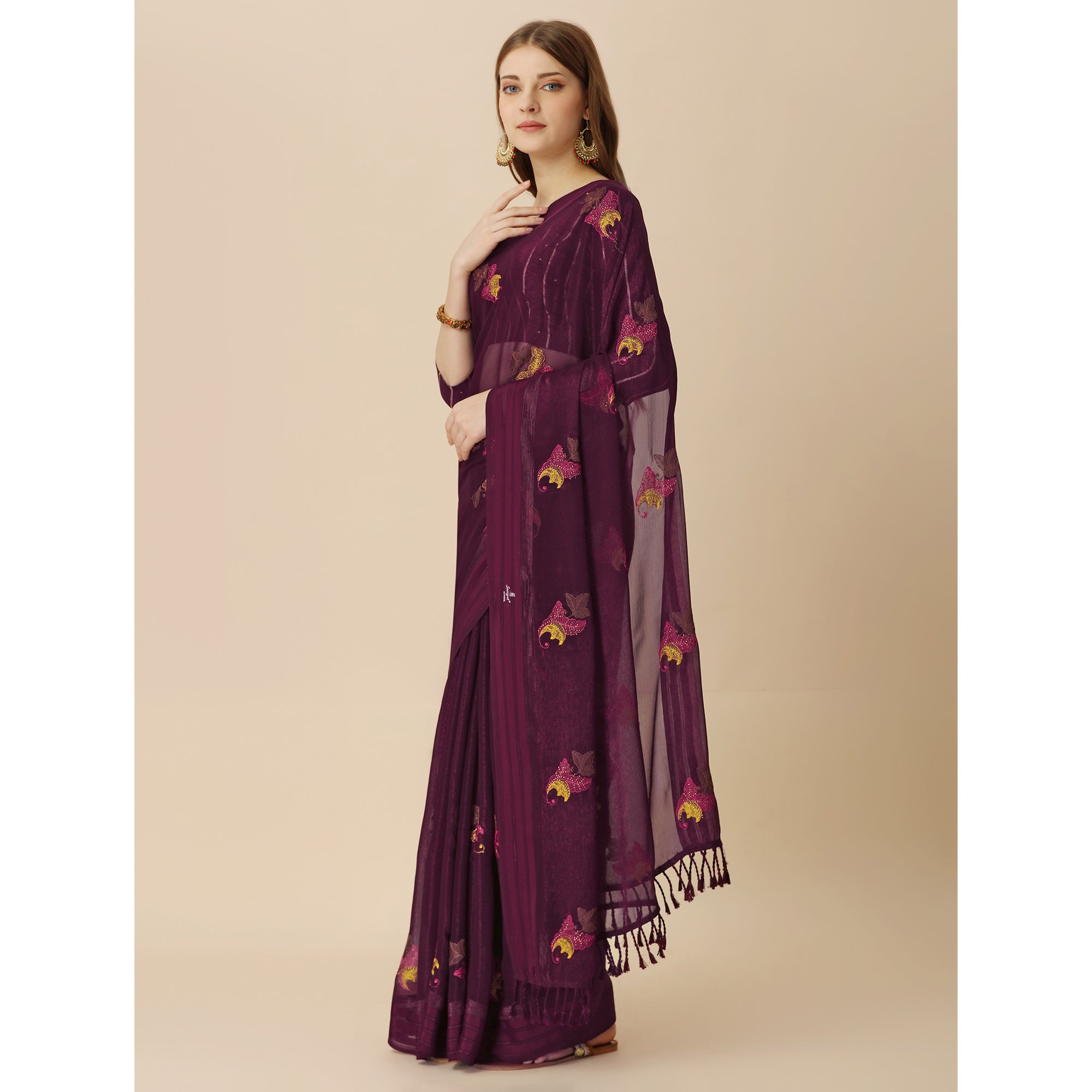 Burgundy Floral Embroidered Chiffon Saree With With Tassels