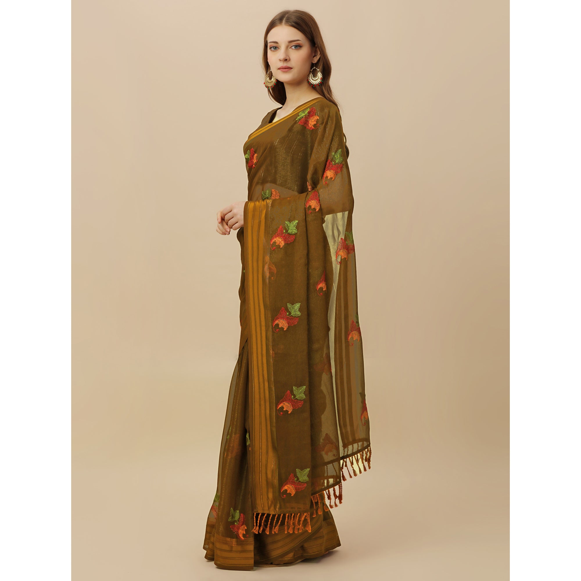 Mehendi Green Floral Embroidered Chiffon Saree With With Tassels