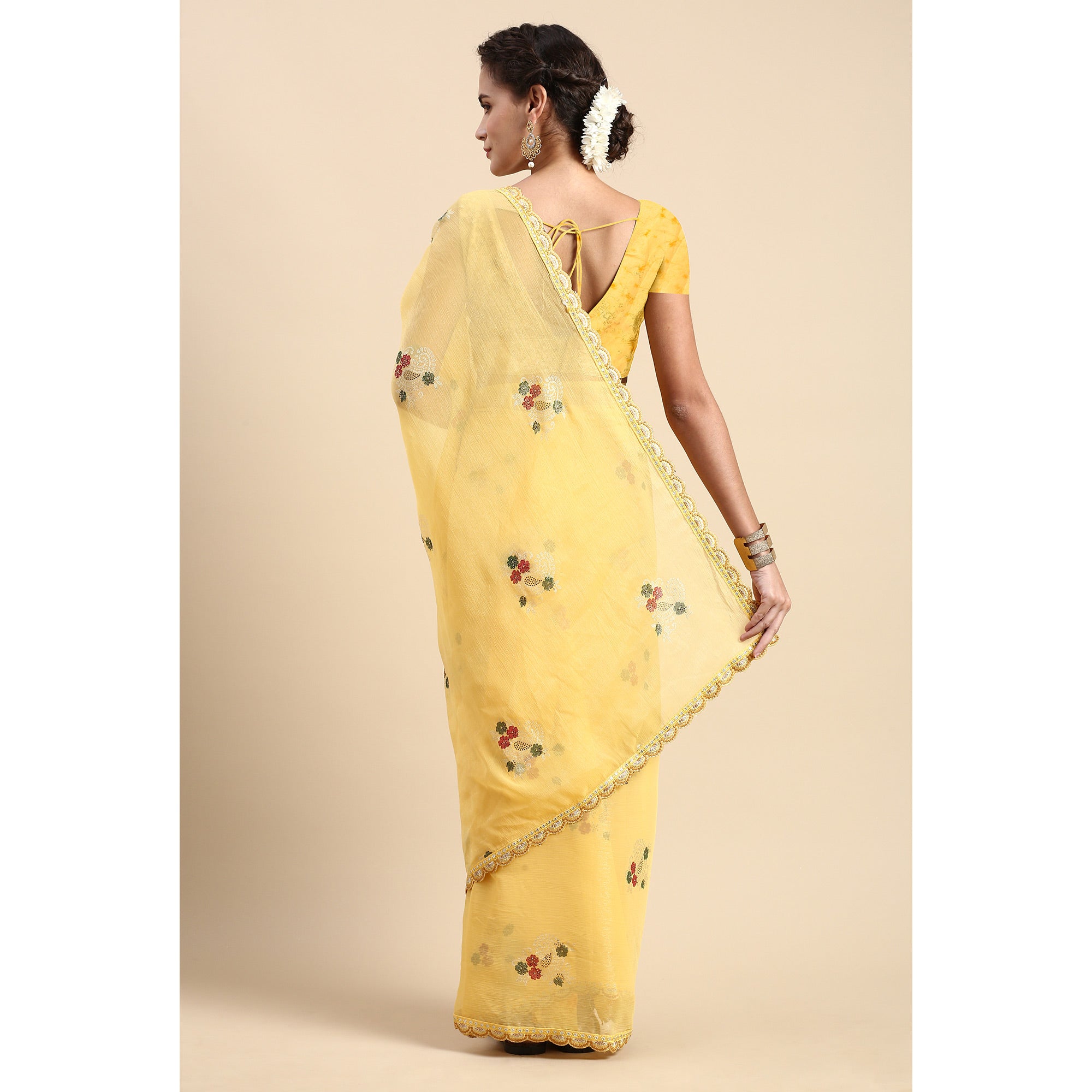 Yellow Foil Printed With Swarovski Shimmer Chiffon Saree