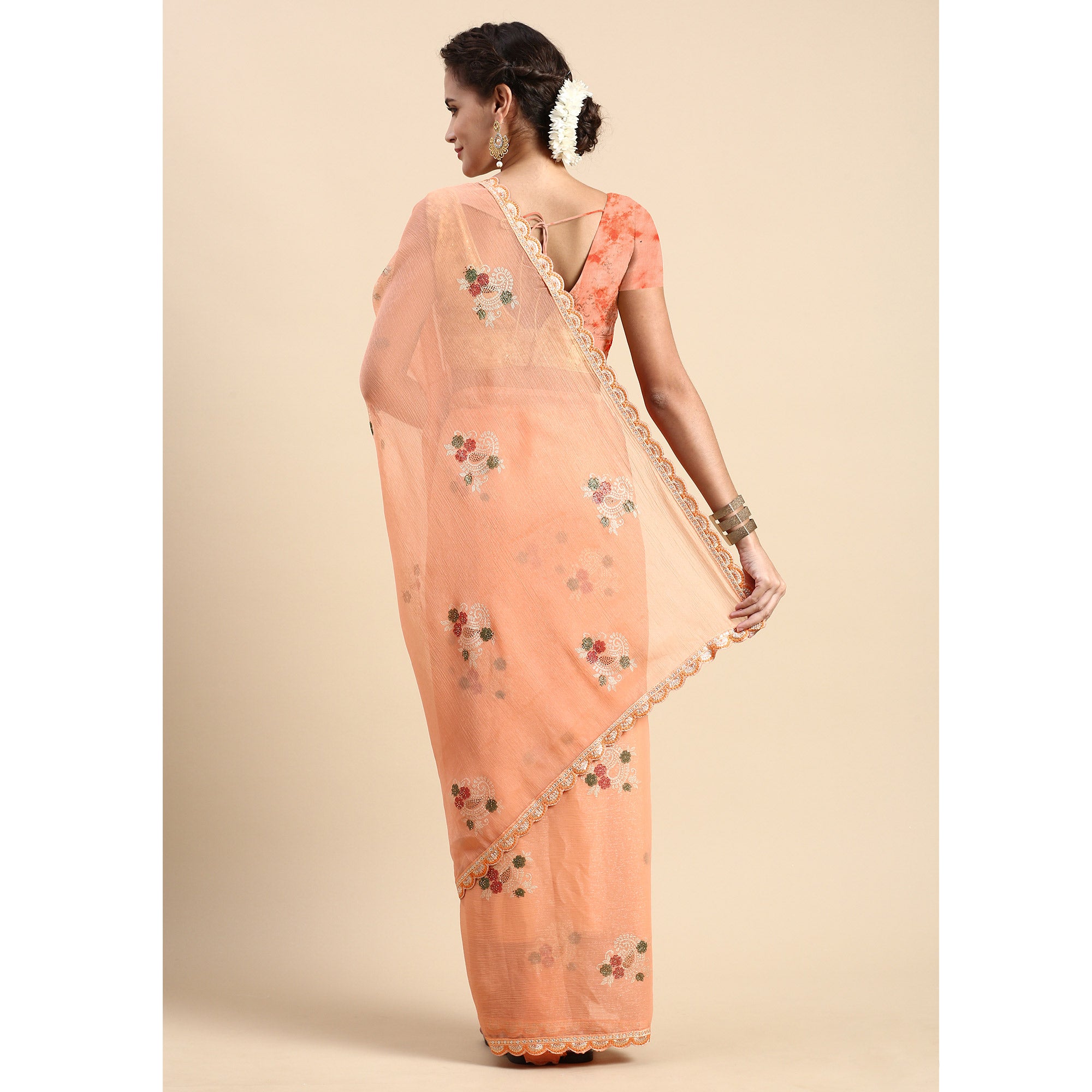 Orange Foil Printed With Swarovski Shimmer Chiffon Saree
