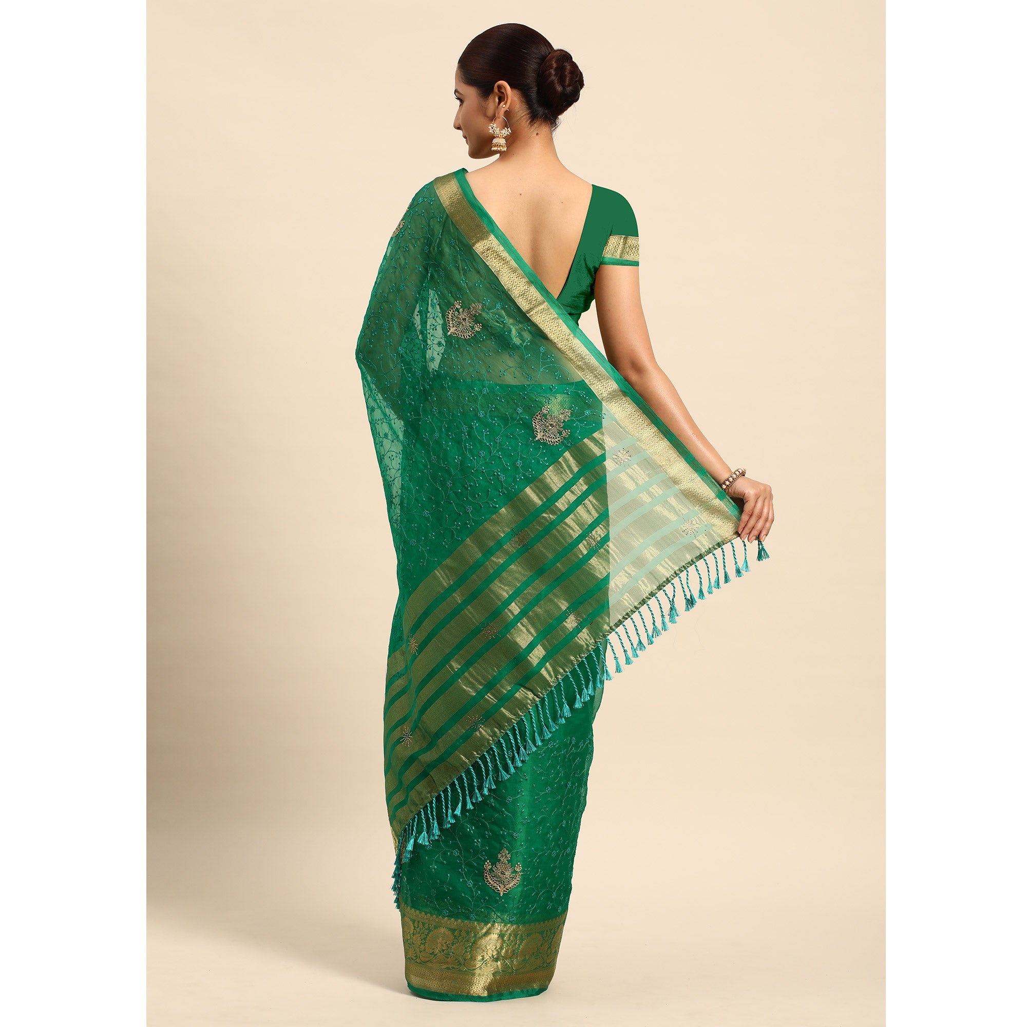Green Floral Embroidered Organza Saree