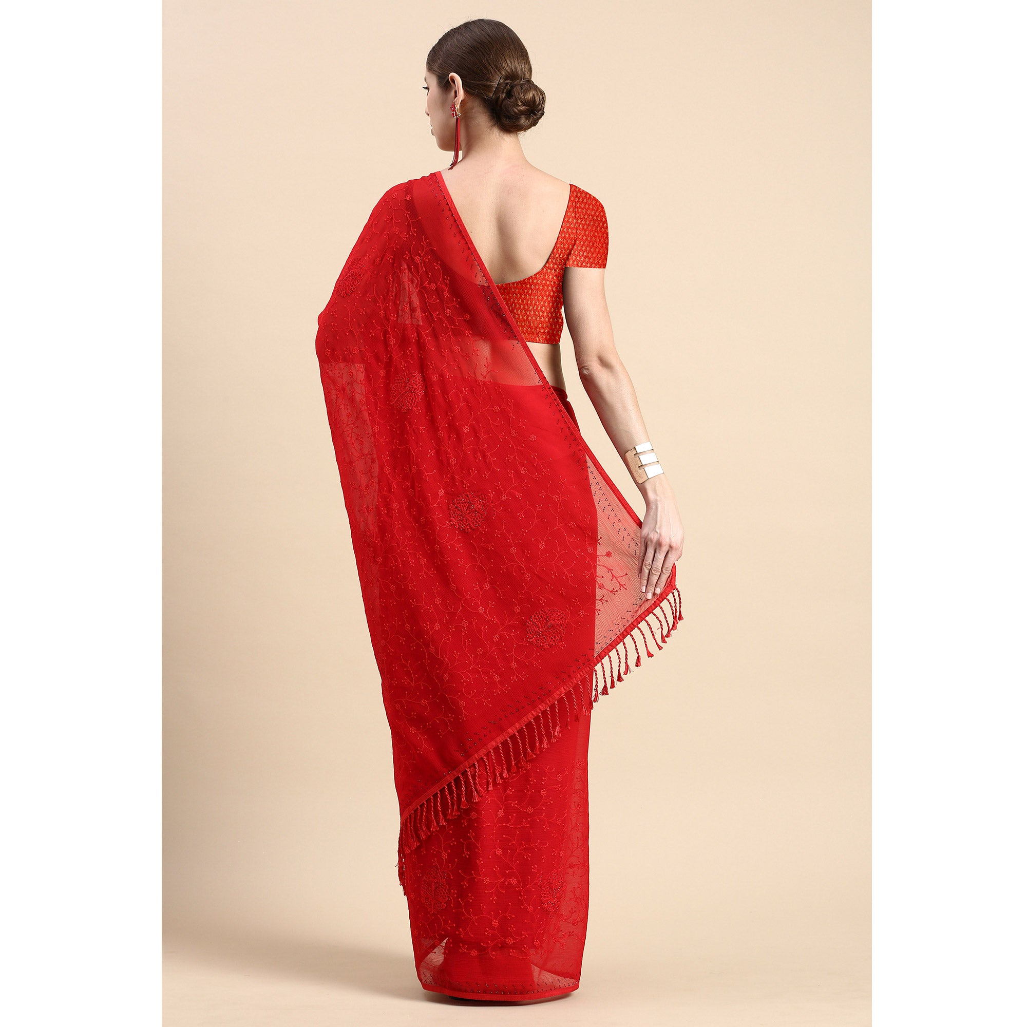 Red Floral Embroidered Zomato Silk Saree