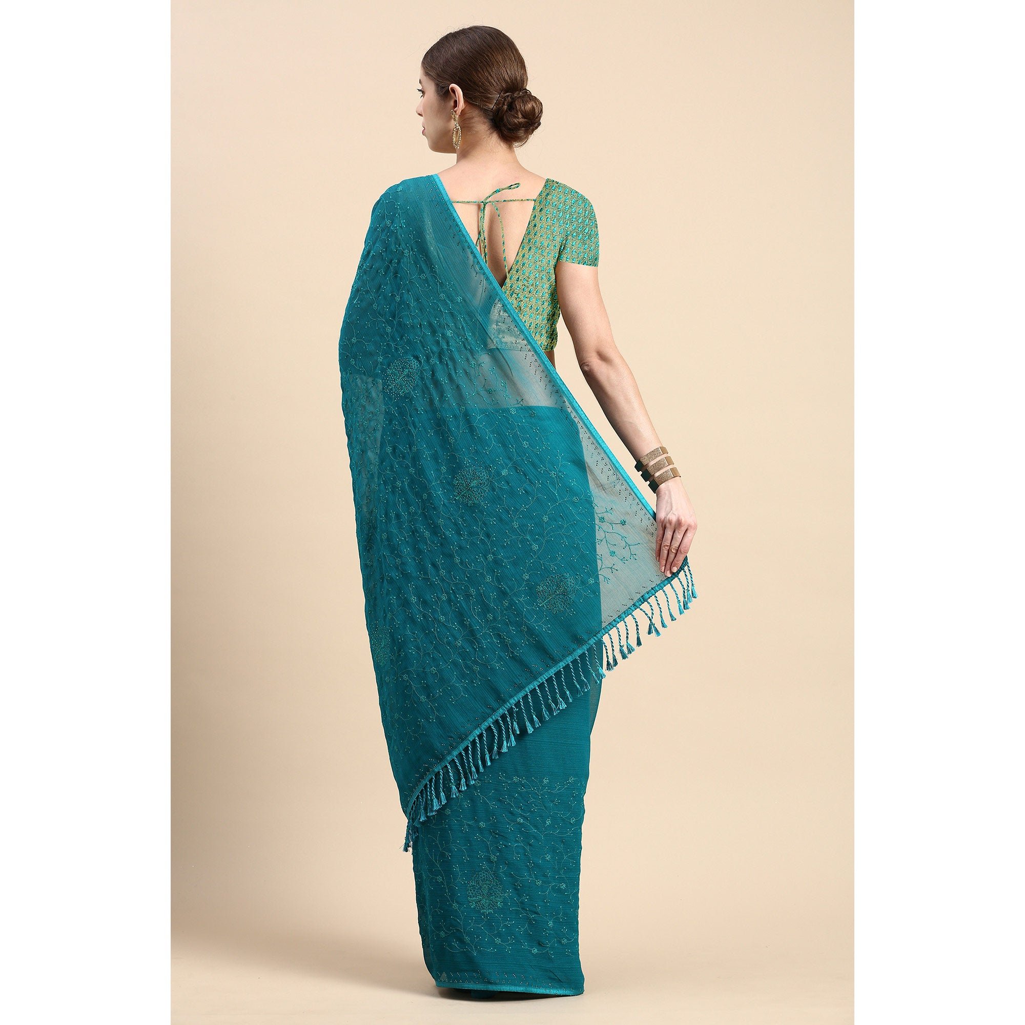 Turquoise Green Floral Embroidered Zomato Silk Saree