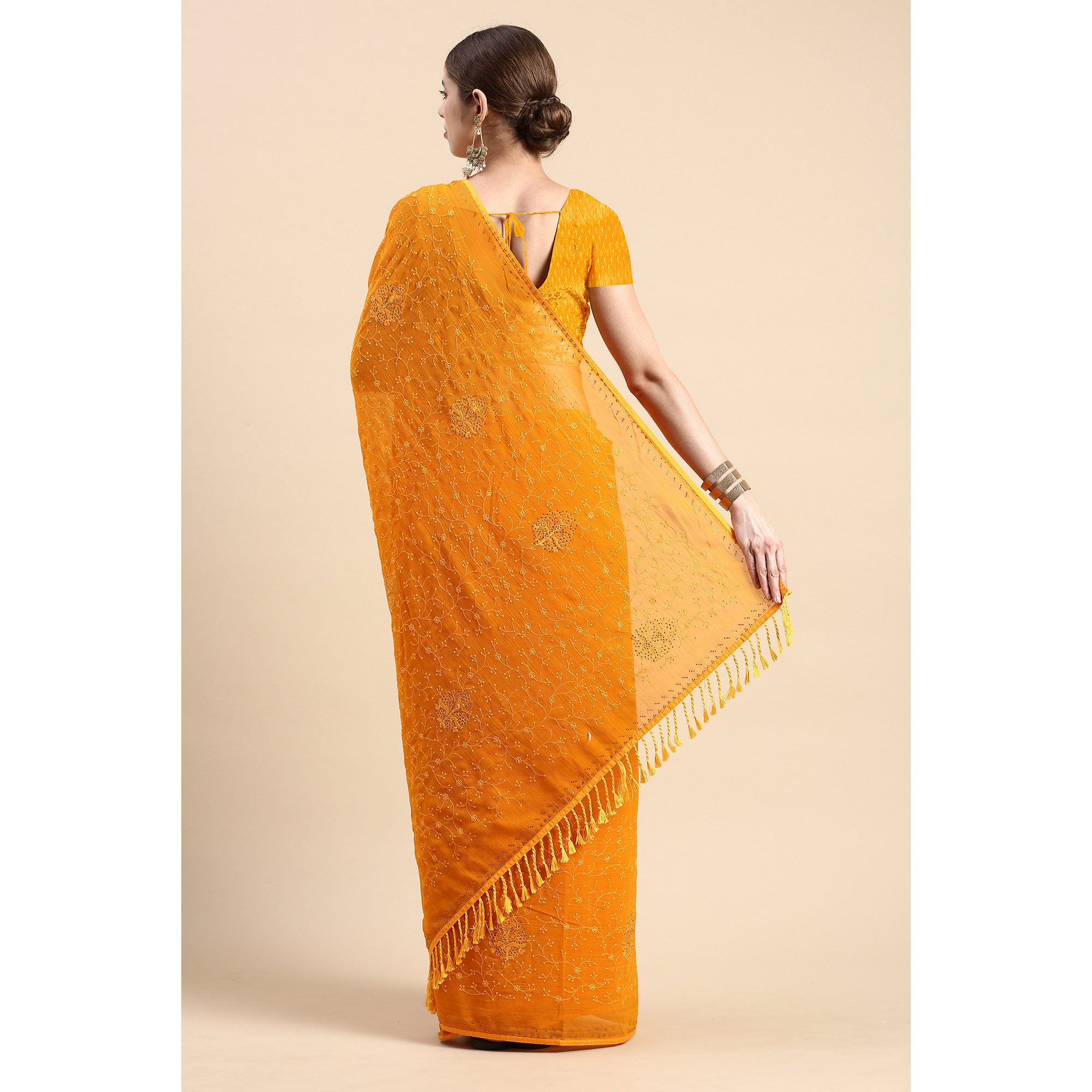 Yellow Floral Embroidered Zomato Silk Saree