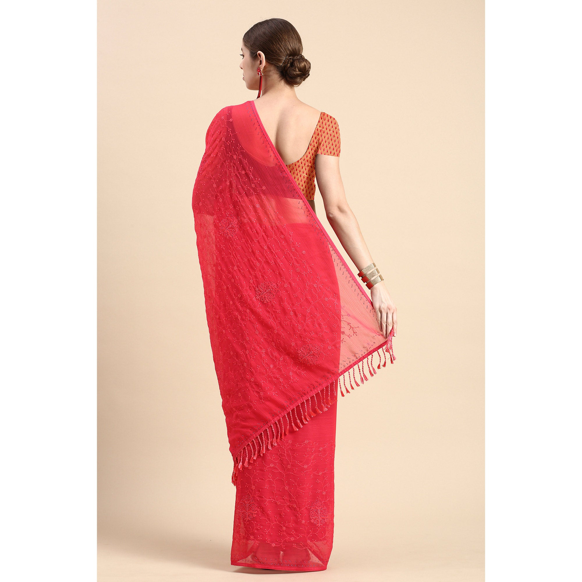 Pink Floral Embroidered Zomato Silk Saree