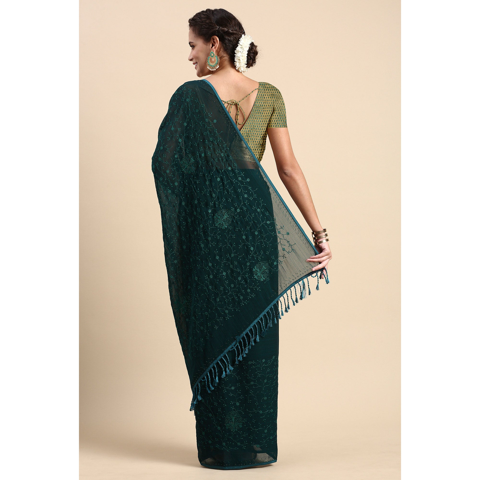 Green Floral Embroidered Zomato Silk Saree