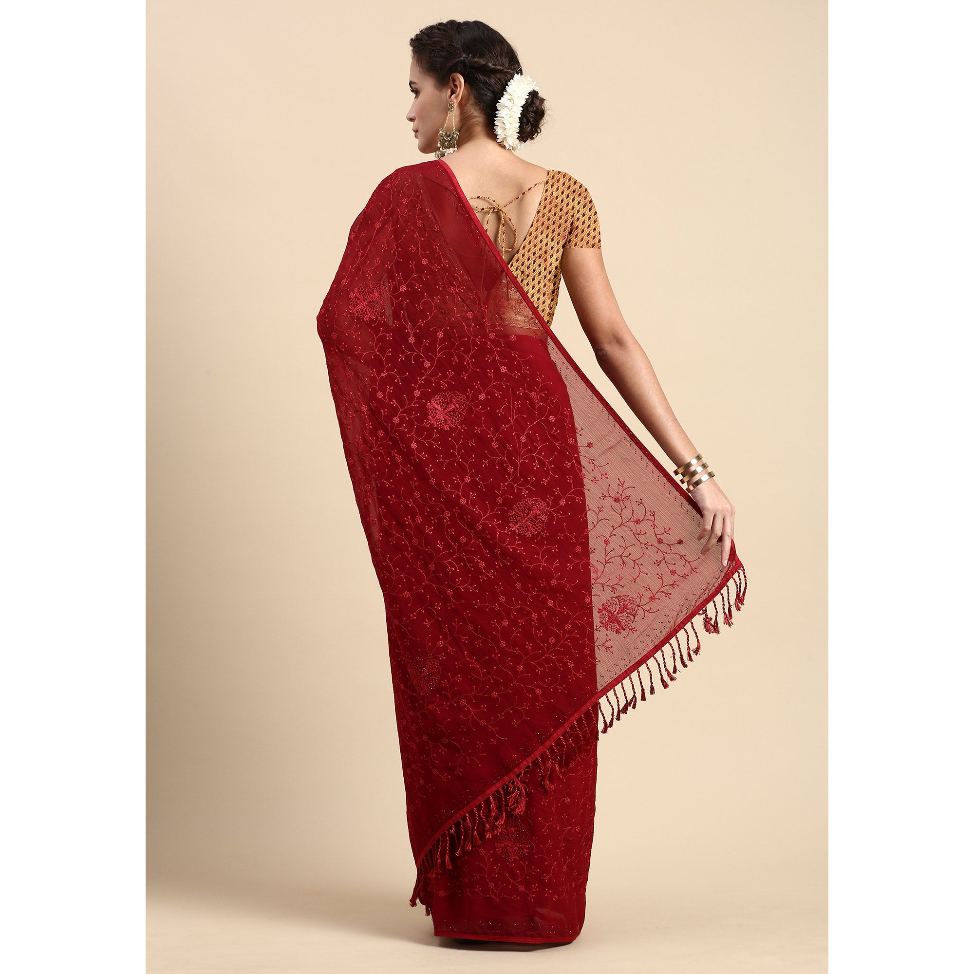 Maroon Floral Embroidered Zomato Silk Saree