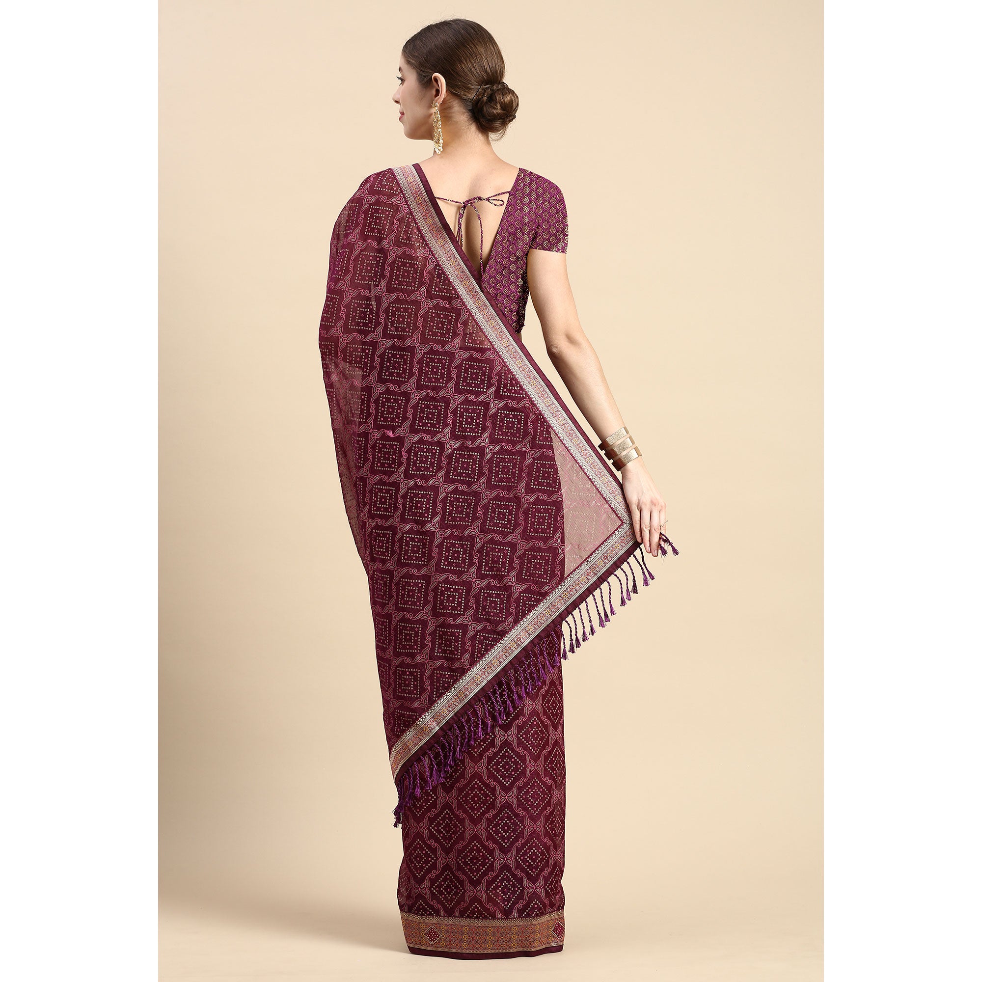 Purple Foil Printed With Fancy Border Chiffon Saree