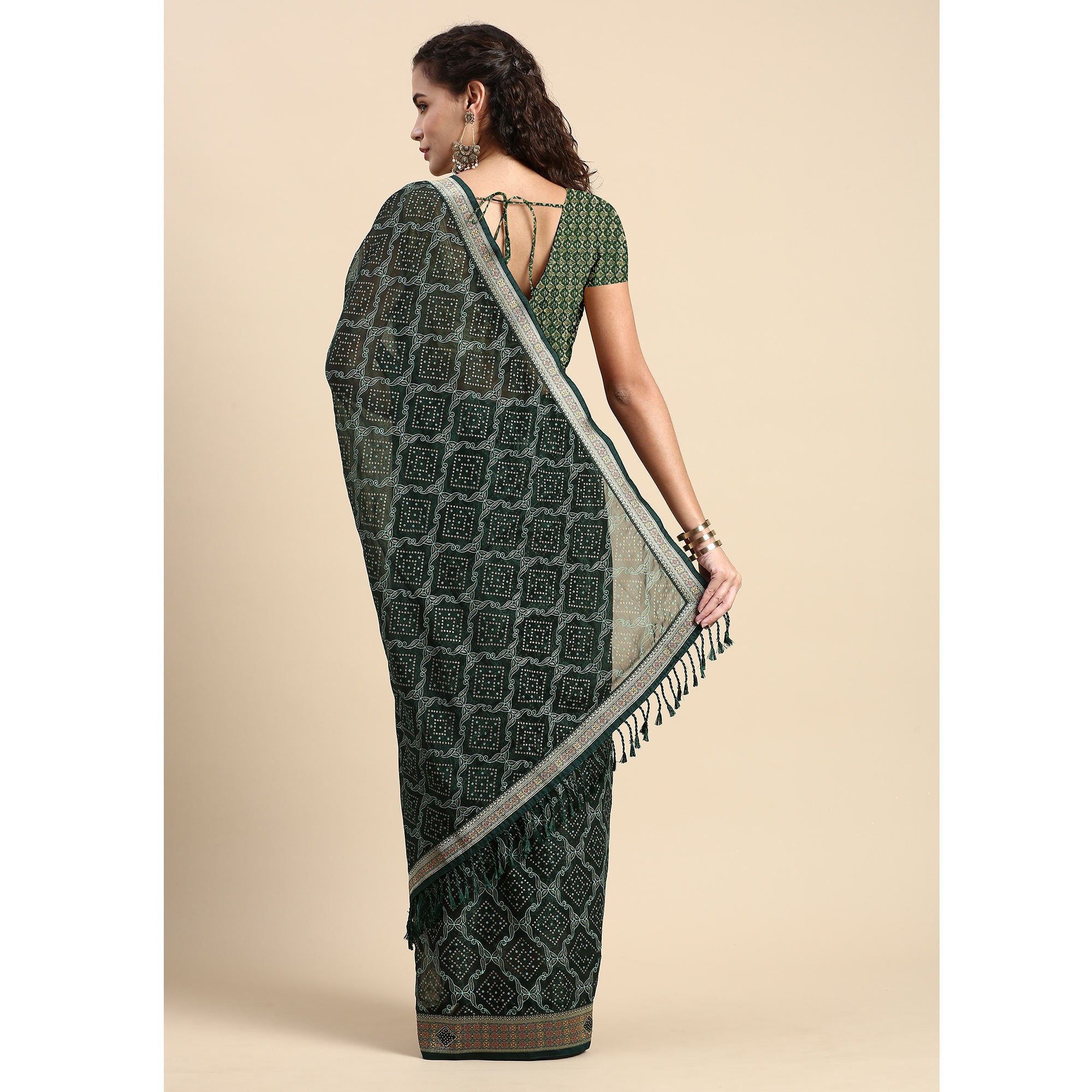 Green Foil Printed With Fancy Border Chiffon Saree
