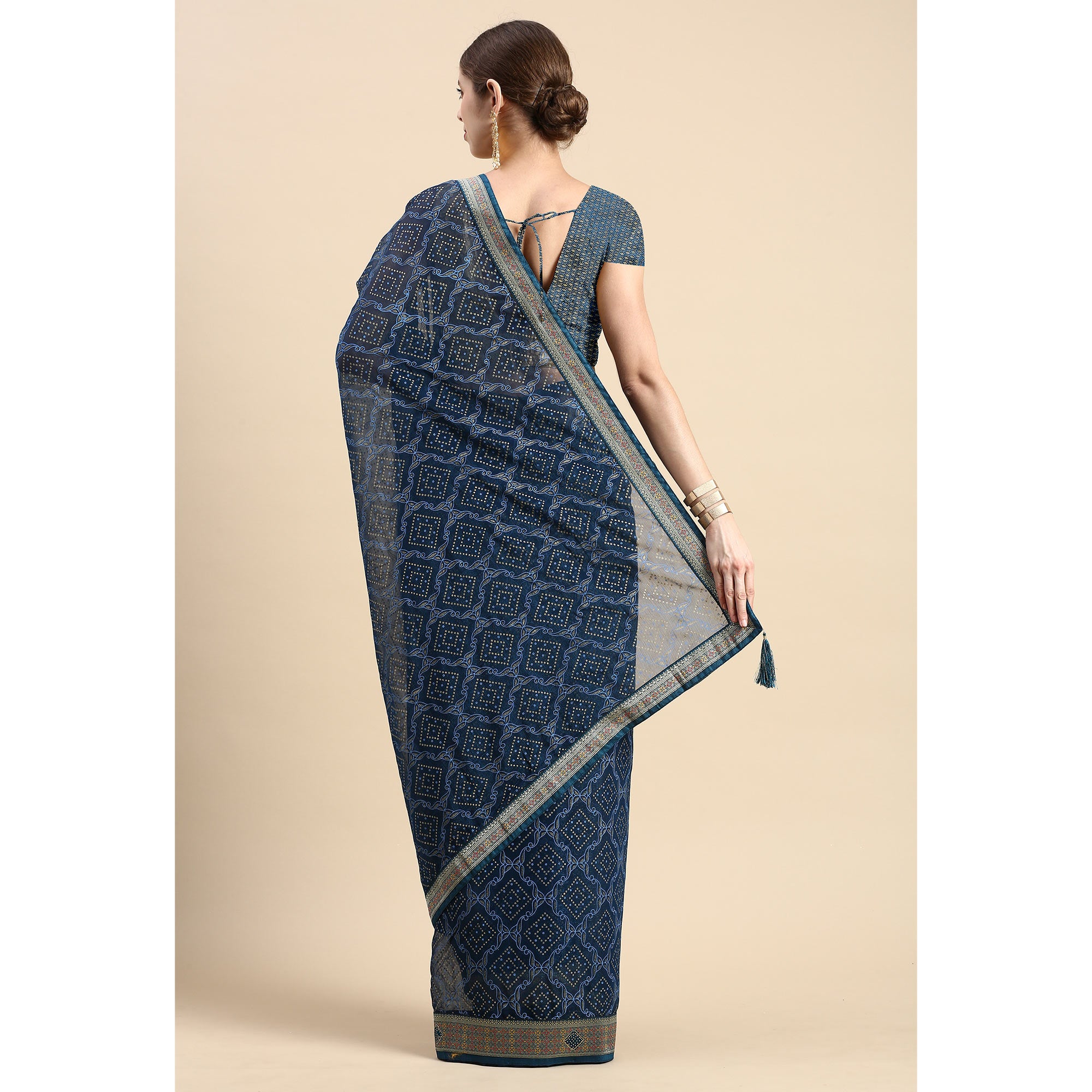 Blue Foil Printed With Fancy Border Chiffon Saree