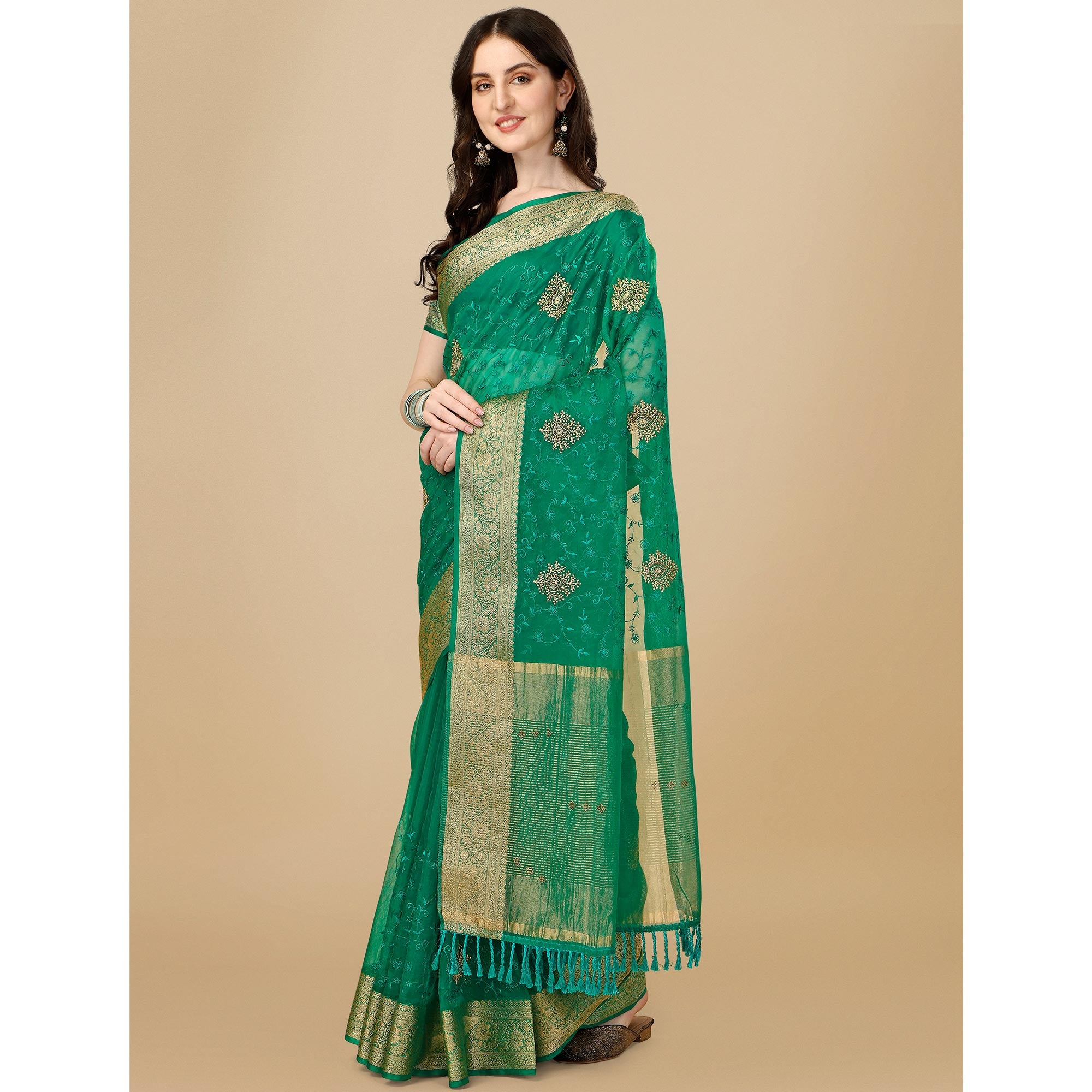 Green Floral Embroidered Organza Saree