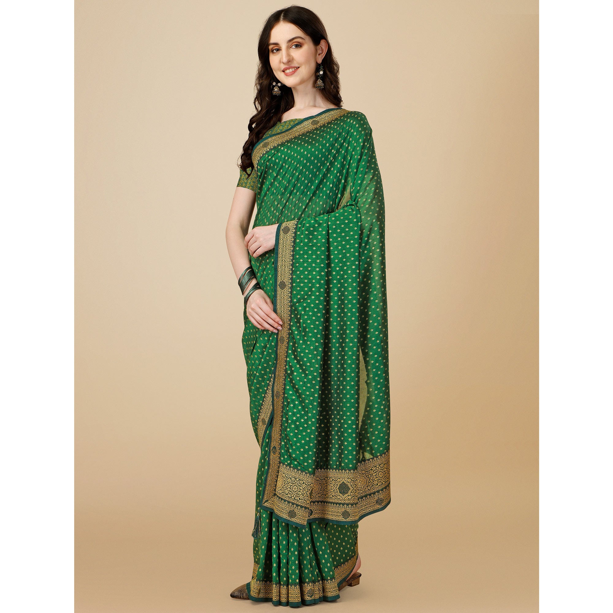 Green Foil Printed With Swarovski Vichitra Silk Saree