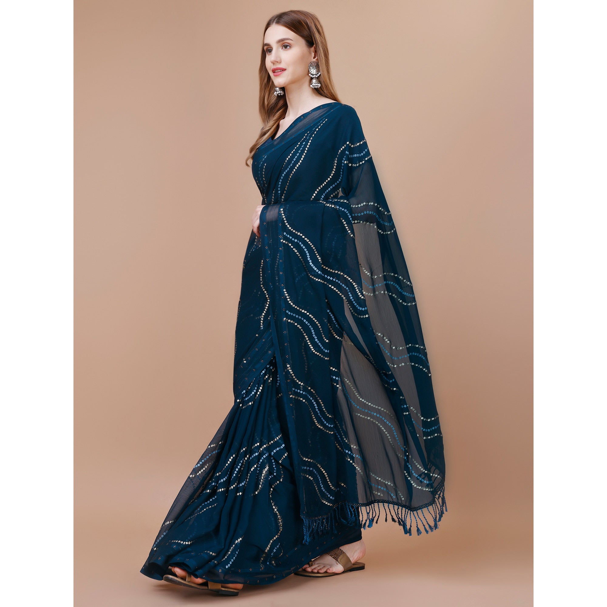 Blue Bandhani Printed Chiffon Saree With Tassels