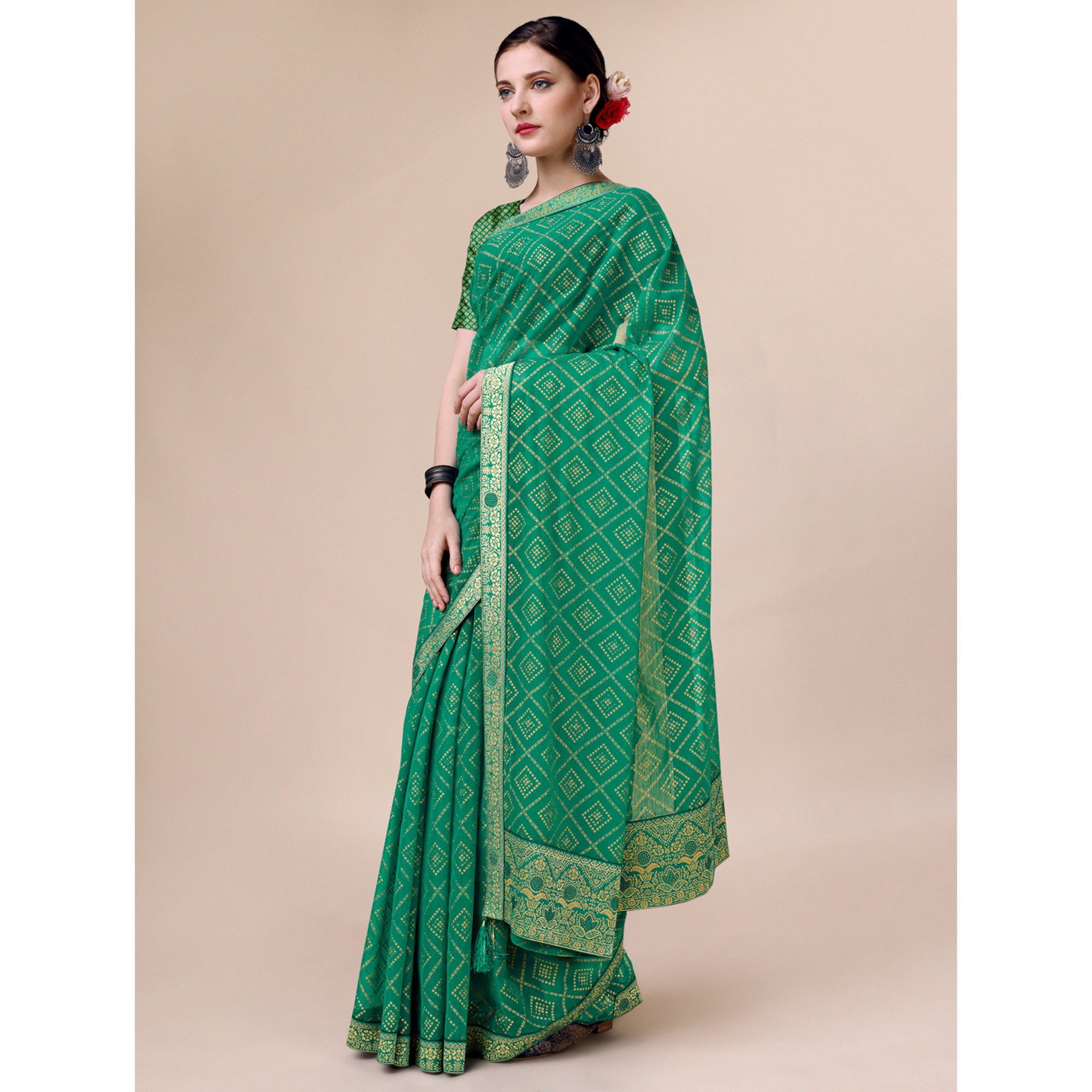 Green Bandhani Foil Printed Chiffon Saree With Tassels