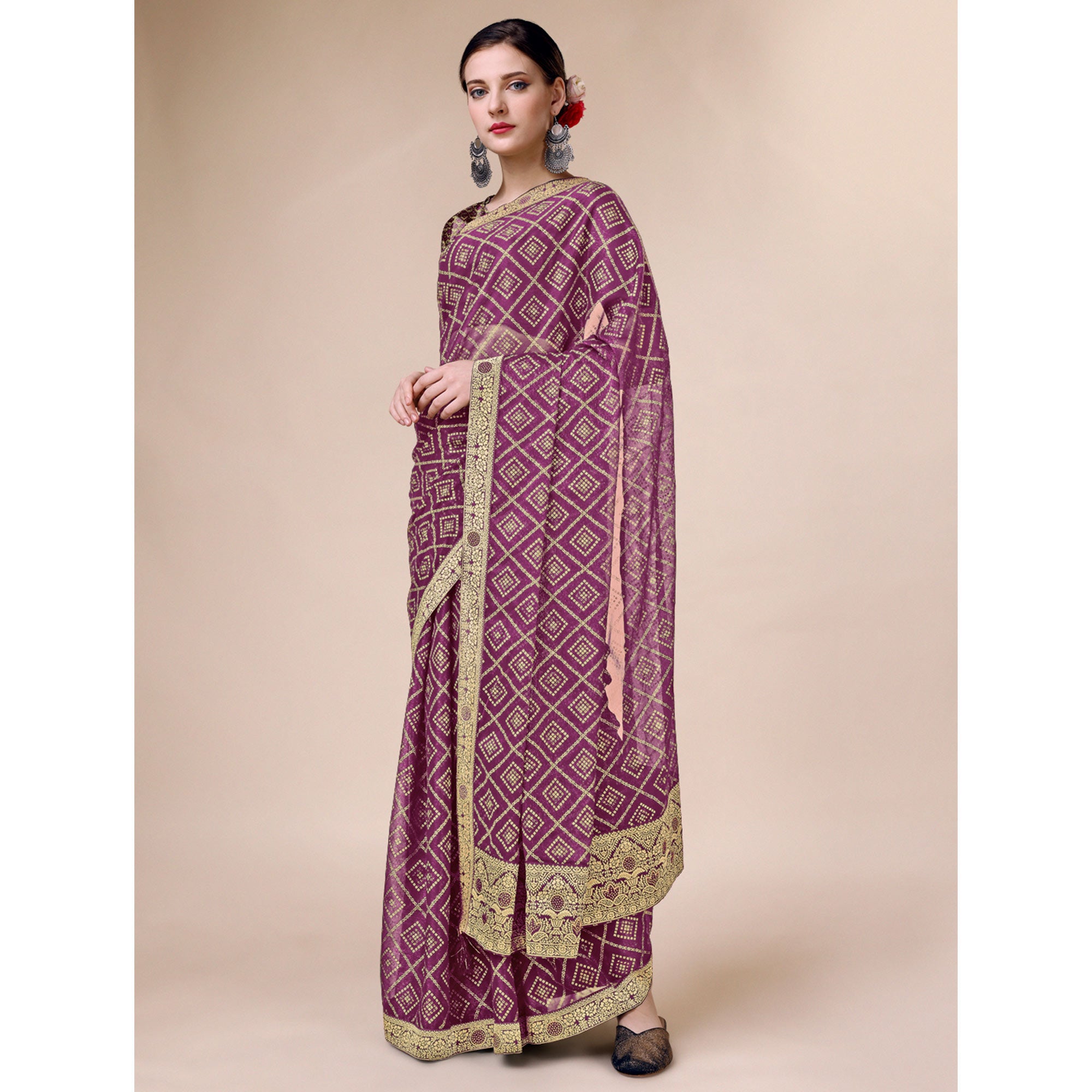 Purple Bandhani Foil Printed Chiffon Saree With Tassels